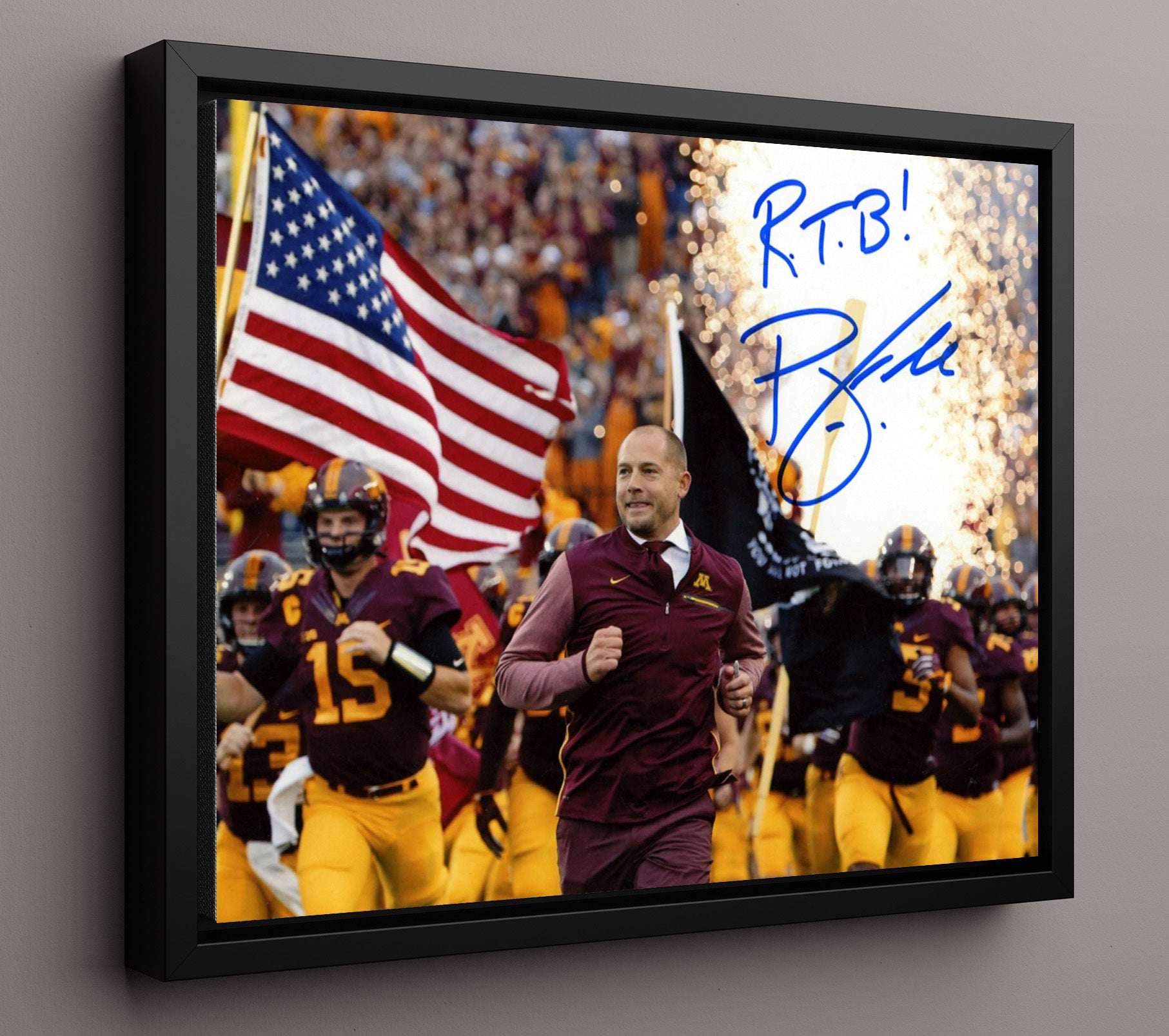 Minnesota Football PJ Fleck Row the Boat Entrance College Football Wall Art 16x20 Framed Canvas wall art print – College Football decor