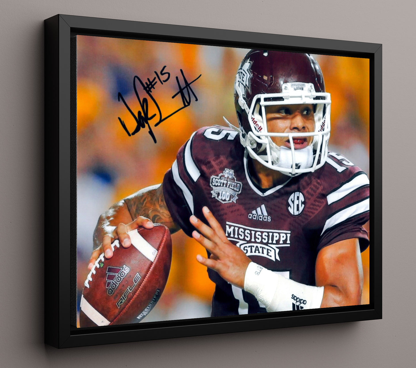 Mississippi State Football Dak Prescott Pointing Celebration College Football Wall Art 16x20 Framed Canvas wall art print – College Football decor