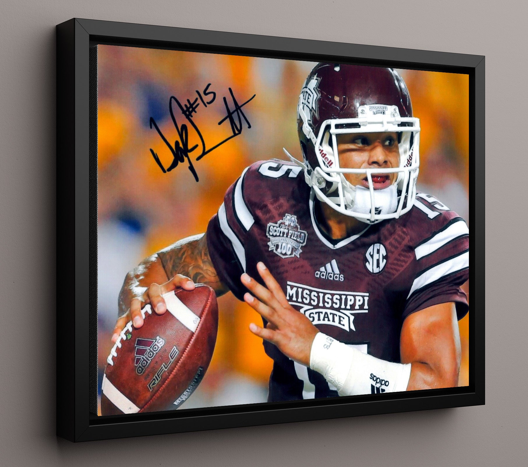 Mississippi State Football Dak Prescott Pointing Celebration College Football Wall Art 16x20 Framed Canvas wall art print – College Football decor