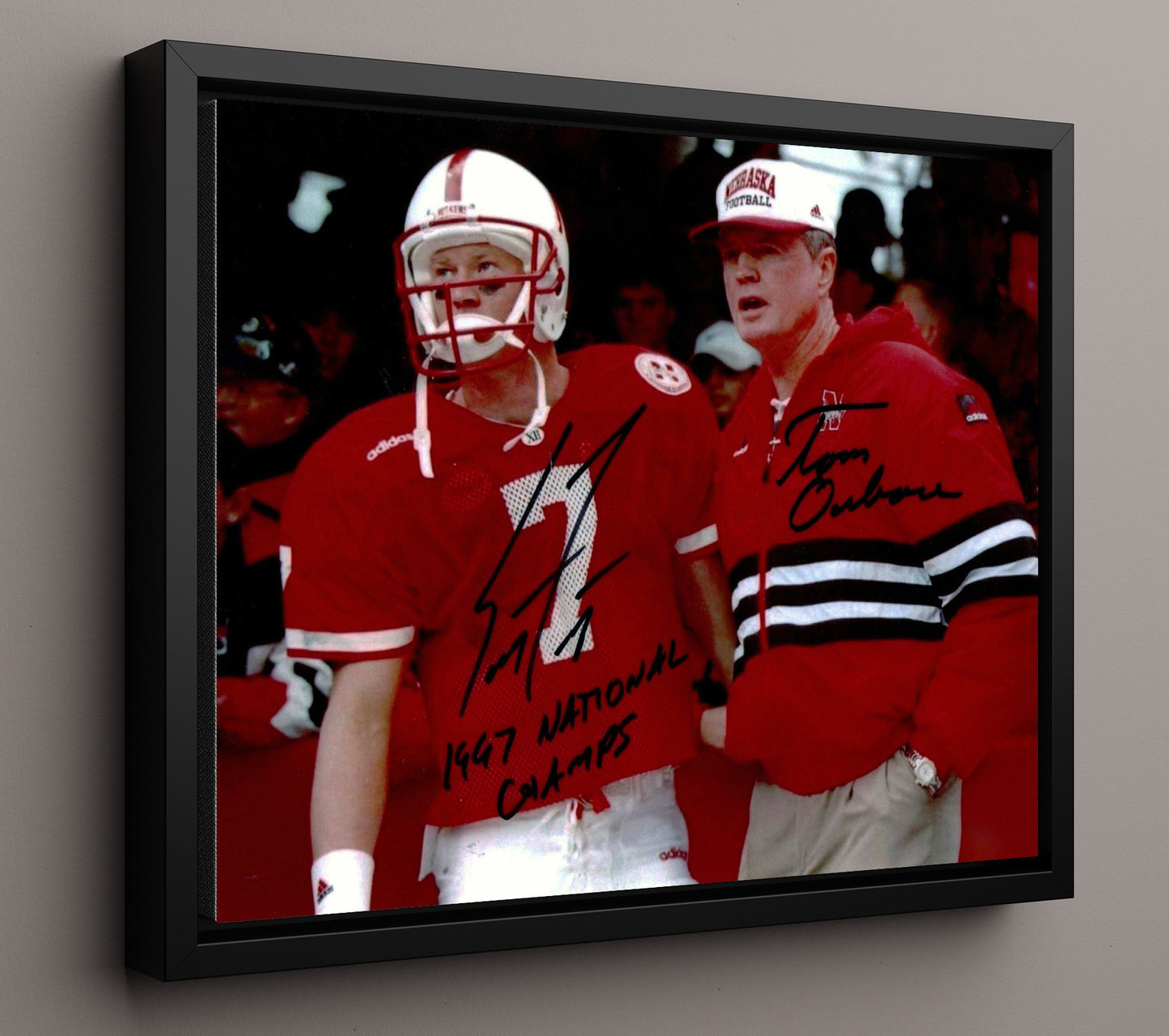Nebraska Football Tom Osborne and Scott Frost Sideline Duo College Football Wall Art 16x20 Framed Canvas wall art print – College Football decor