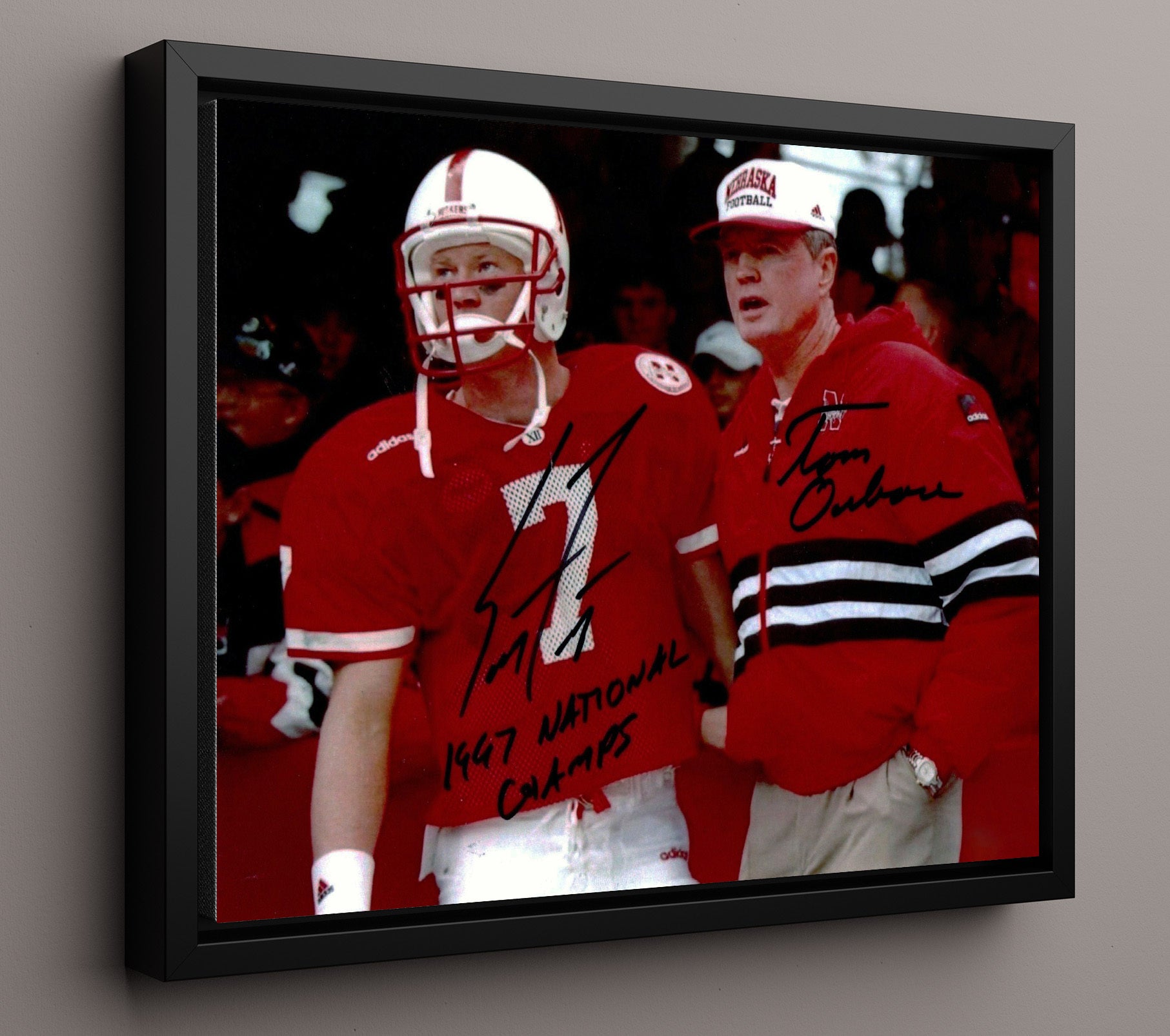 Nebraska Football Tom Osborne and Scott Frost Sideline Duo College Football Wall Art 16x20 Framed Canvas wall art print – College Football decor