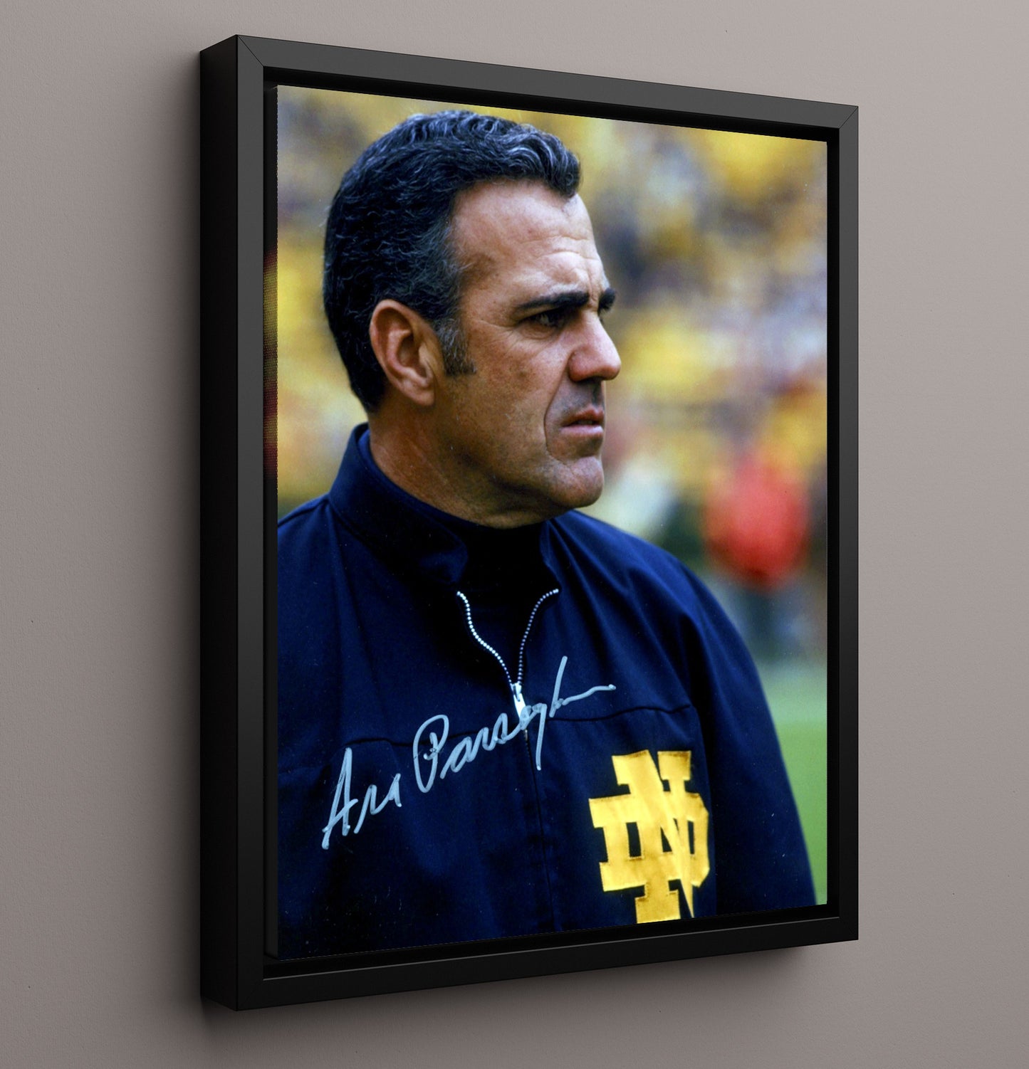 Notre Dame Football Ara Parseghian Sideline Portrait College Football Wall Art 16x20 Framed Canvas wall art print – College Football decor