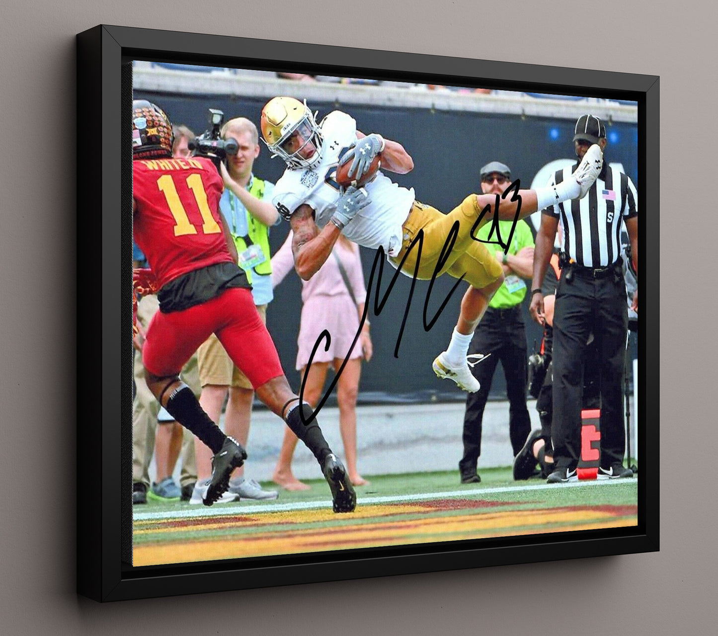 Notre Dame Football - Chase Claypool Leaping Touchdown Catch End Zone Extension 8x10 Framed Canvas college football wall art
