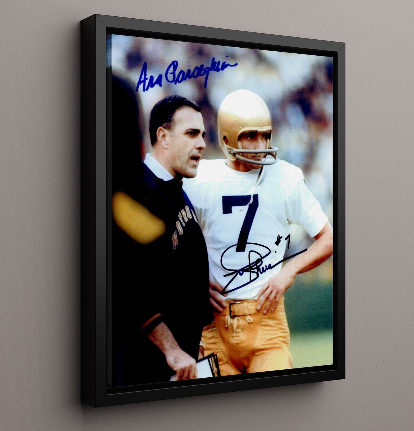 Notre Dame Football Joe Theismann and Ara Parseghian Sideline Moment College Football Wall Art 16x20 Framed Canvas wall art print – College Football decor