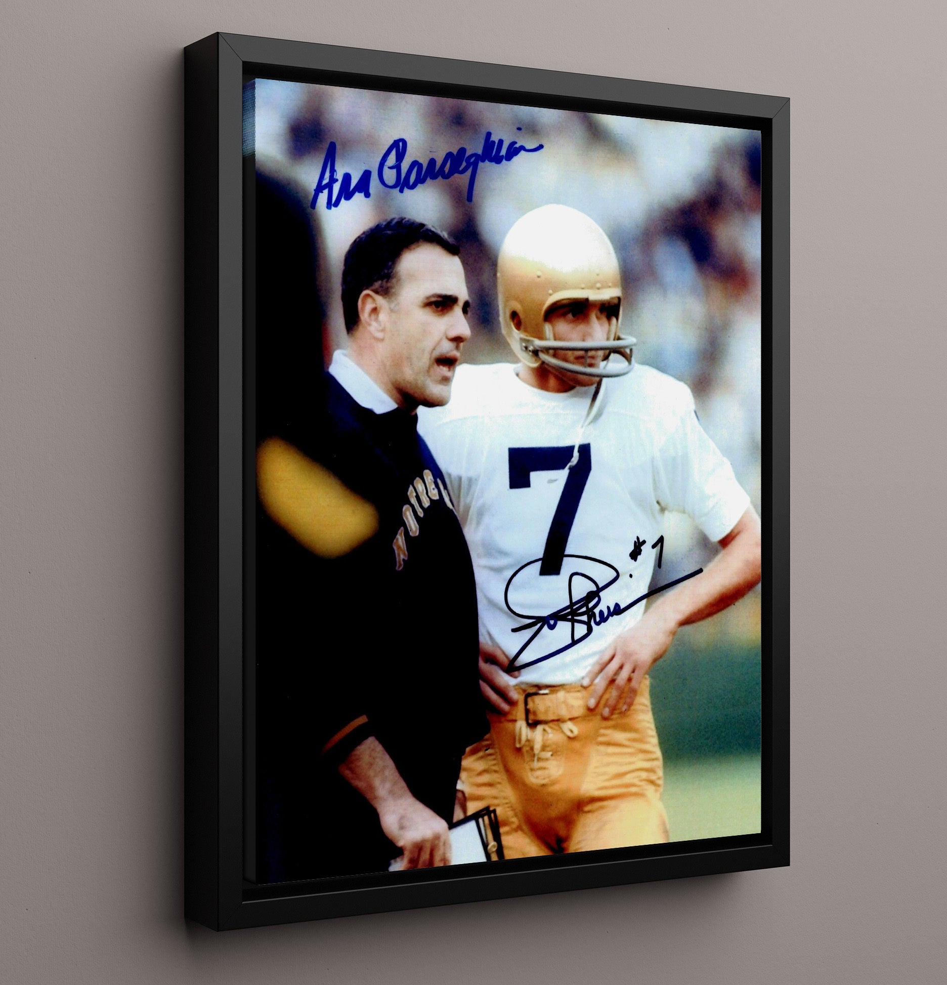 Notre Dame Football Joe Theismann and Ara Parseghian Sideline Moment College Football Wall Art 16x20 Framed Canvas wall art print – College Football decor