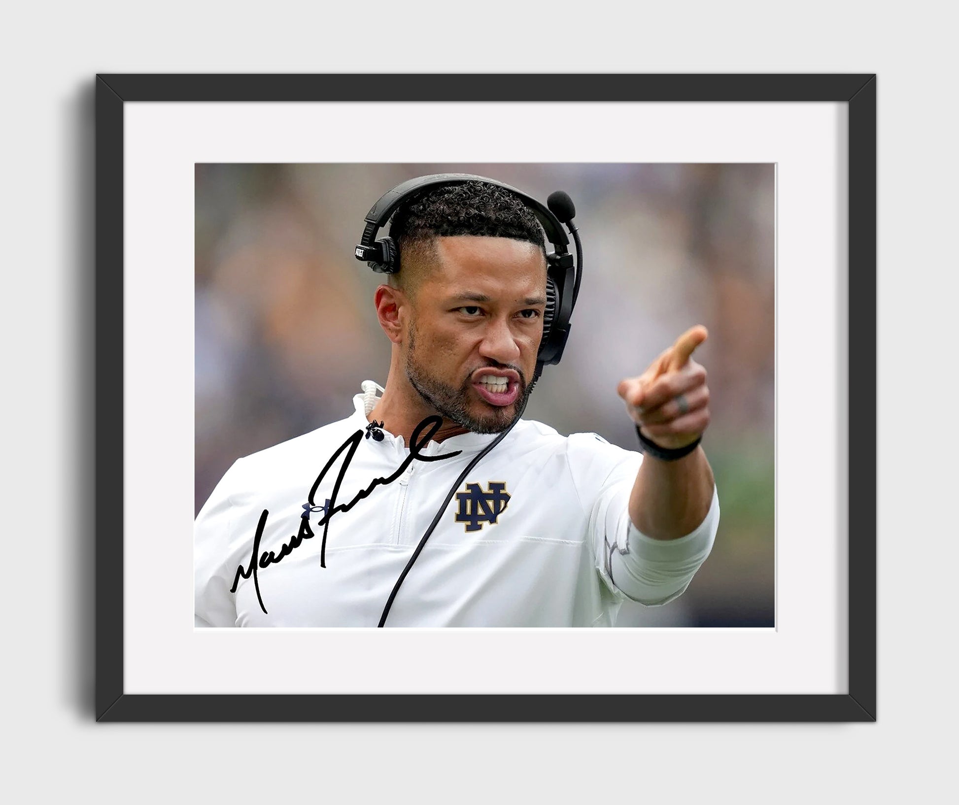 Notre Dame Football Marcus Freeman Sideline Command Pointing College Football Wall Art 16x20 Gallery Frame wall art print – College Football decor