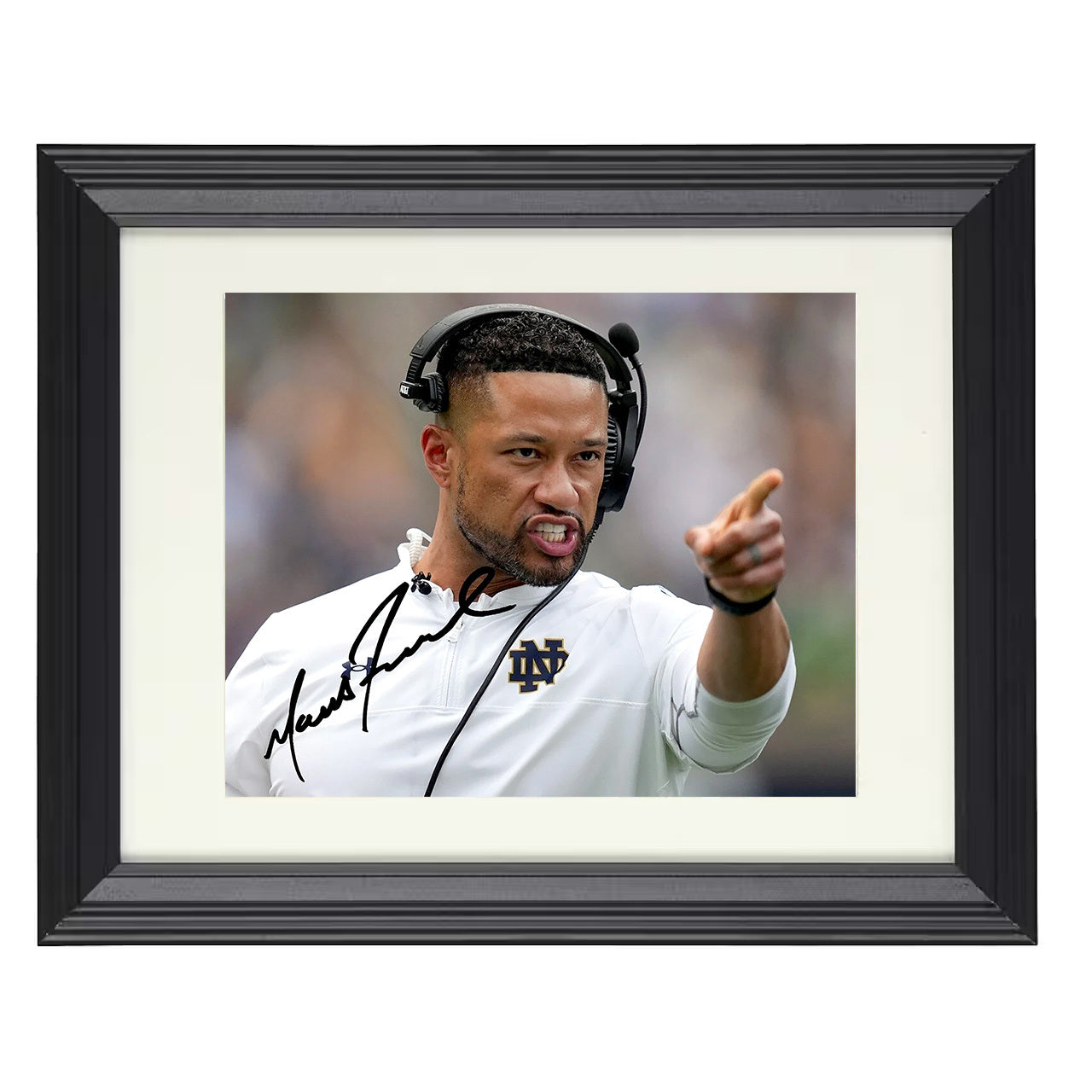 Notre Dame Marcus Freeman Sideline Command Pointing 8x10 black beveled frame college football wall art