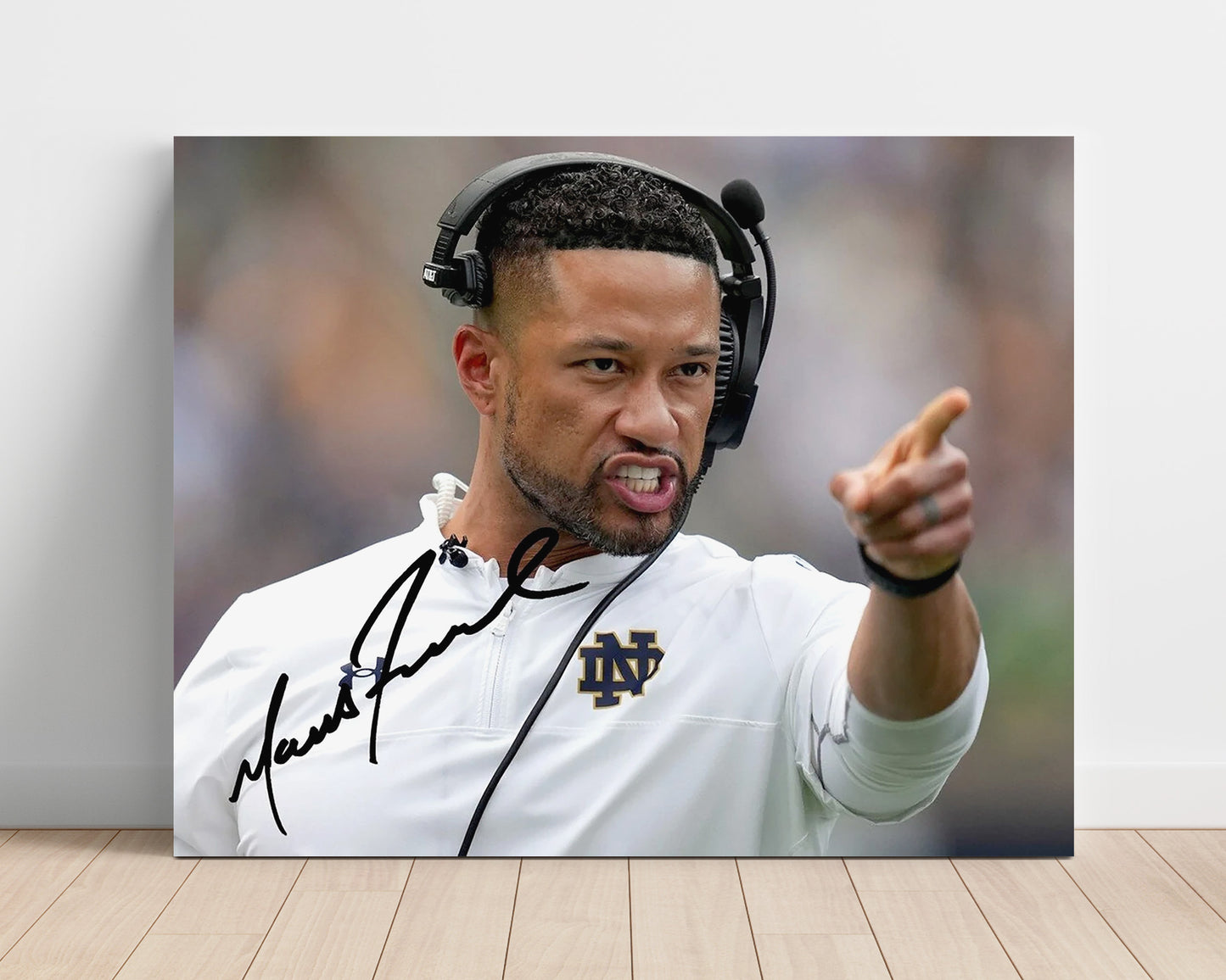 Notre Dame Football Marcus Freeman Sideline Command Pointing College Football Wall Art 16x20 Unframed Print wall art print – College Football decor