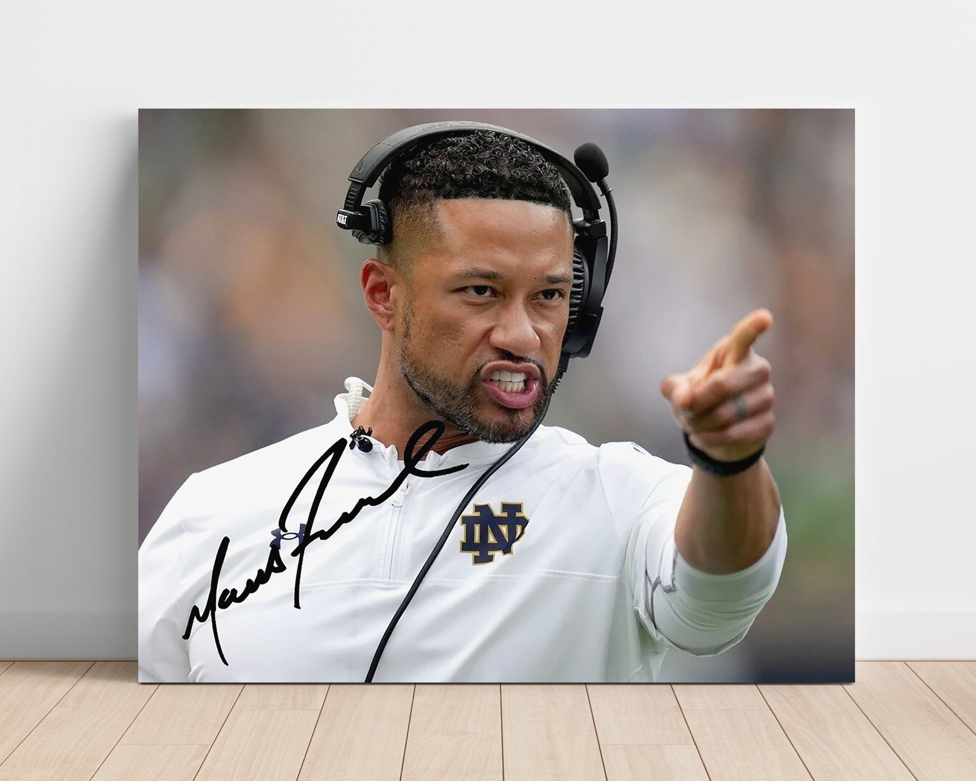 Notre Dame Football Marcus Freeman Sideline Command Pointing College Football Wall Art 16x20 Unframed Print wall art print – College Football decor