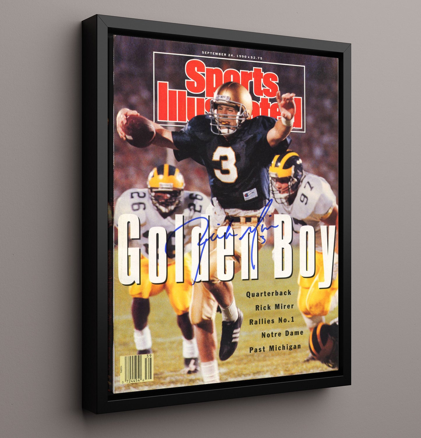 Notre Dame Football Rick Mirer Golden Drive SI Cover 1990 College Football Wall Art 16x20 Framed Canvas wall art print – College Football decor
