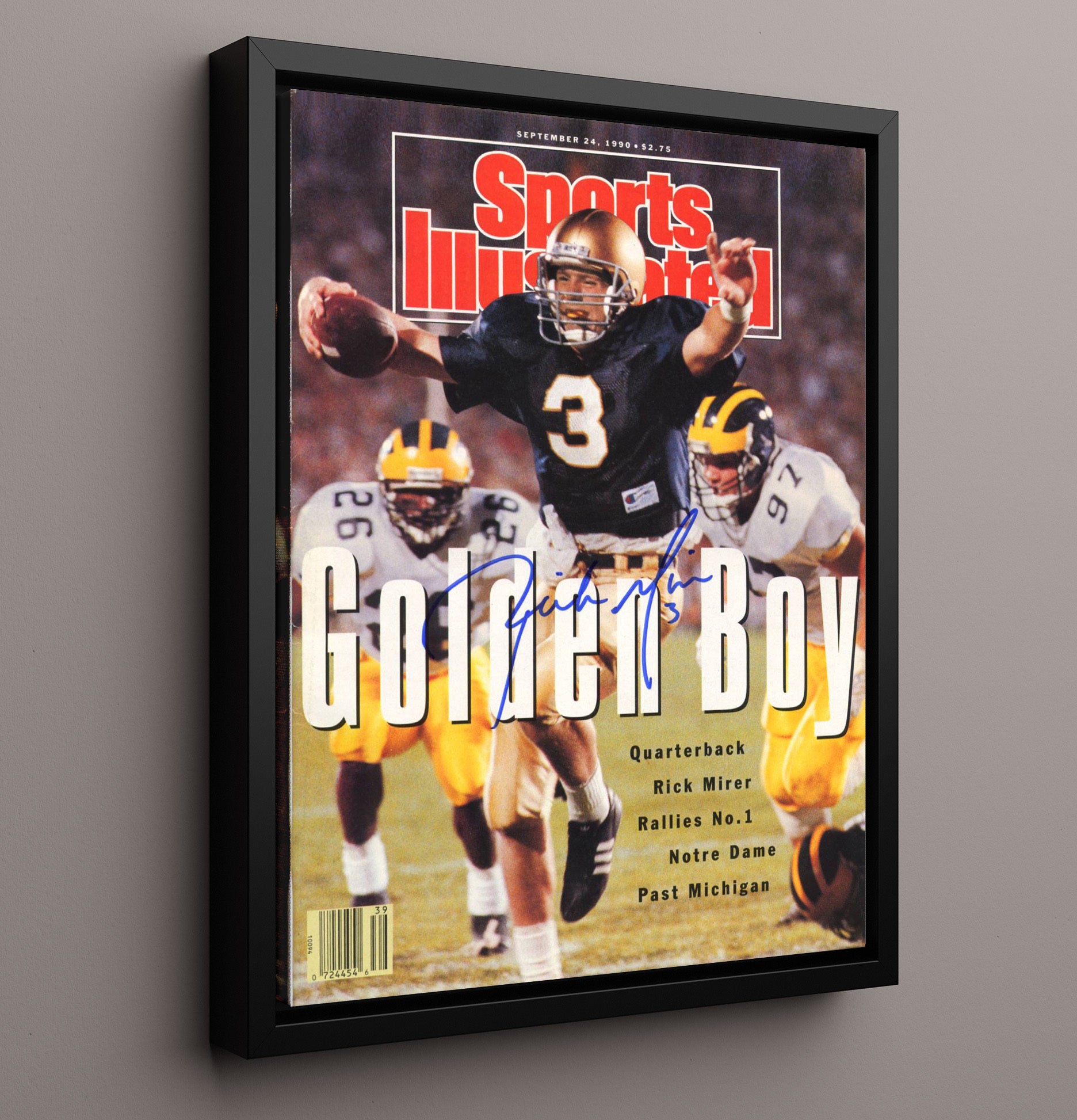 Notre Dame Football Rick Mirer Golden Drive SI Cover 1990 College Football Wall Art 16x20 Framed Canvas wall art print – College Football decor