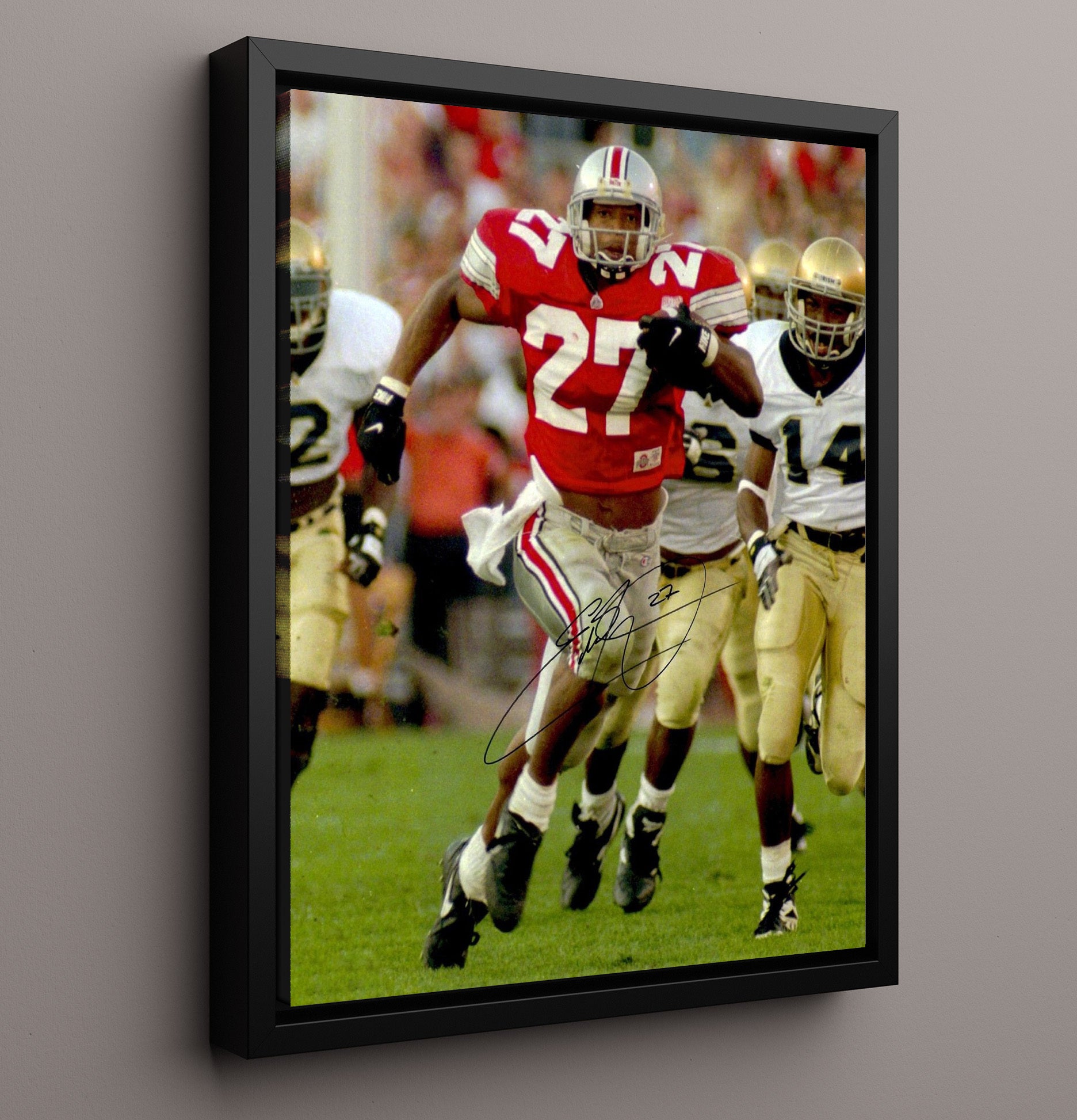 Ohio State Football Eddie George Heisman Run College Football Wall Art 16x20 Framed Canvas wall art print – College Football decor