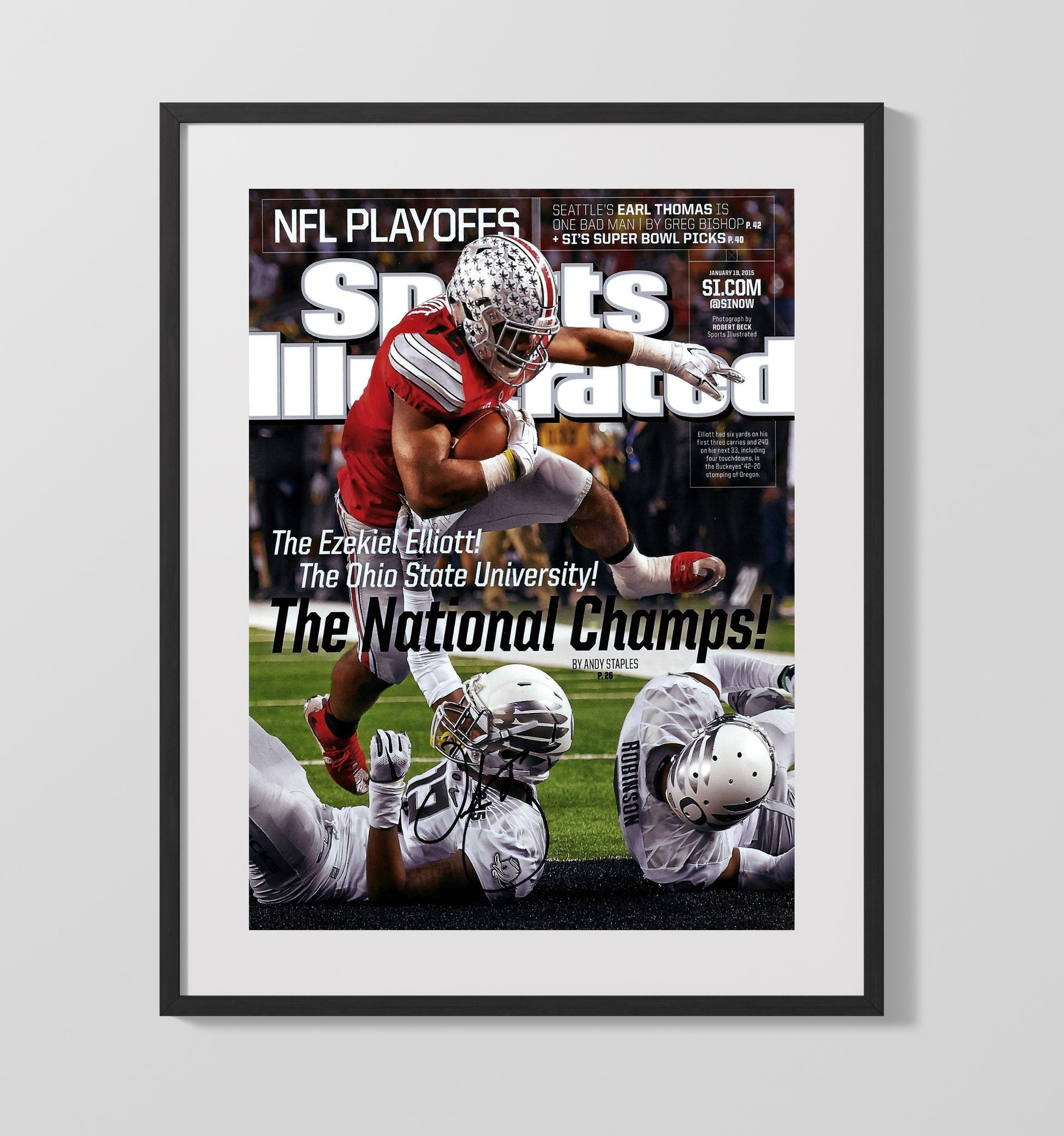 Ohio State Football Ezekiel Elliott Championship Leap SI Cover 2015 College Football Wall Art 16x20 Gallery Frame wall art print – College Football decor
