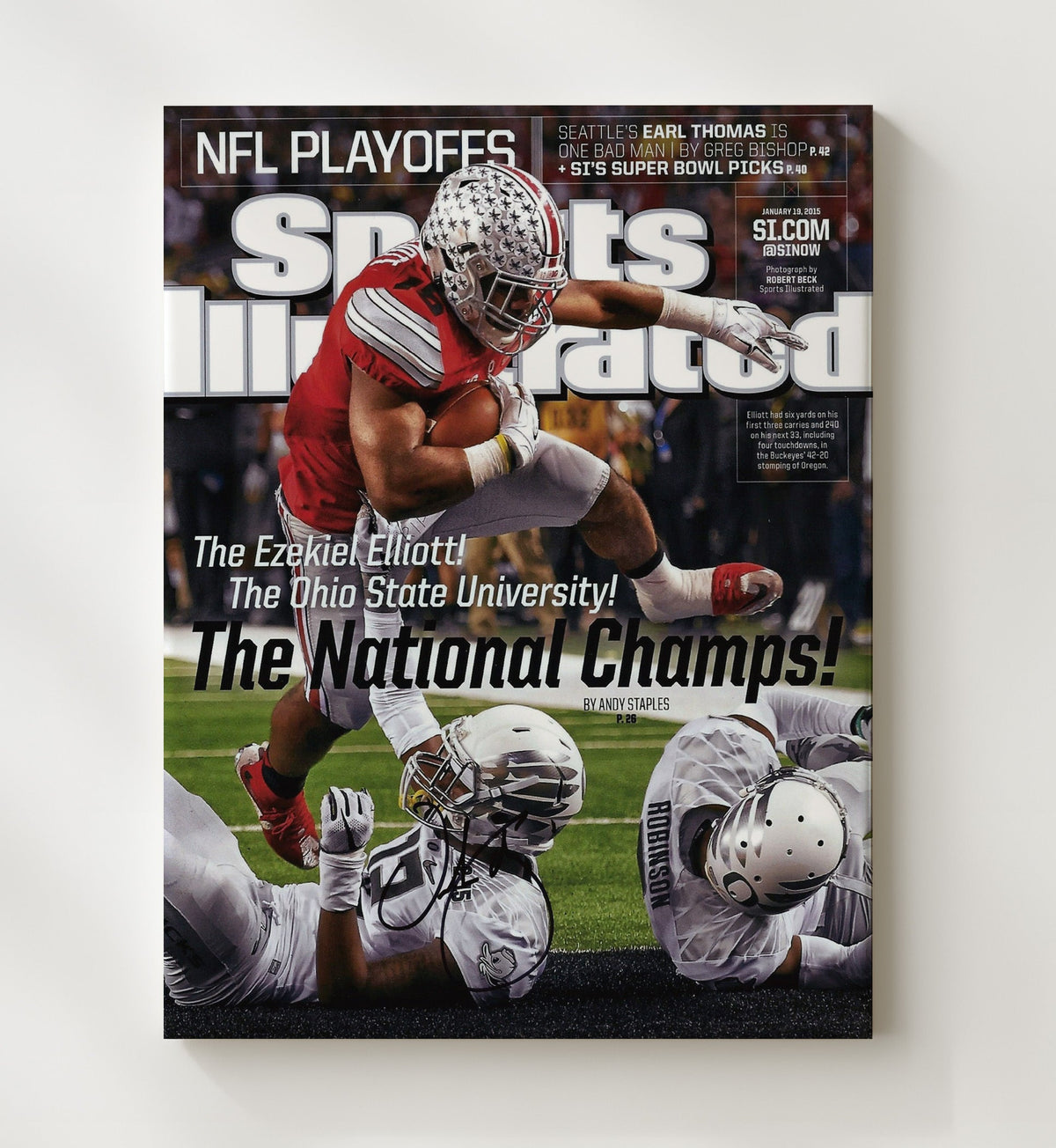 Ohio State Football - Ezekiel Elliott Championship Leap SI Cover 2015 8x10 Canvas college football wall art
