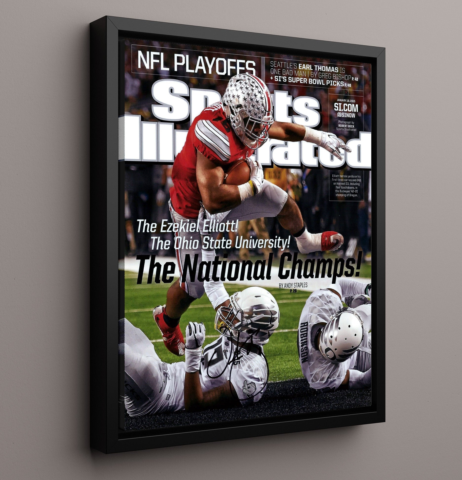 Ohio State Football Ezekiel Elliott Championship Leap SI Cover 2015 College Football Wall Art 16x20 Framed Canvas wall art print – College Football decor