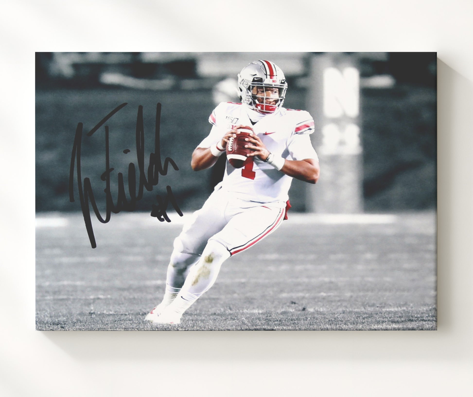 Ohio State Football Justin Fields QB Dropback Release College Football Wall Art 20x24 Canvas wall art print – College Football decor