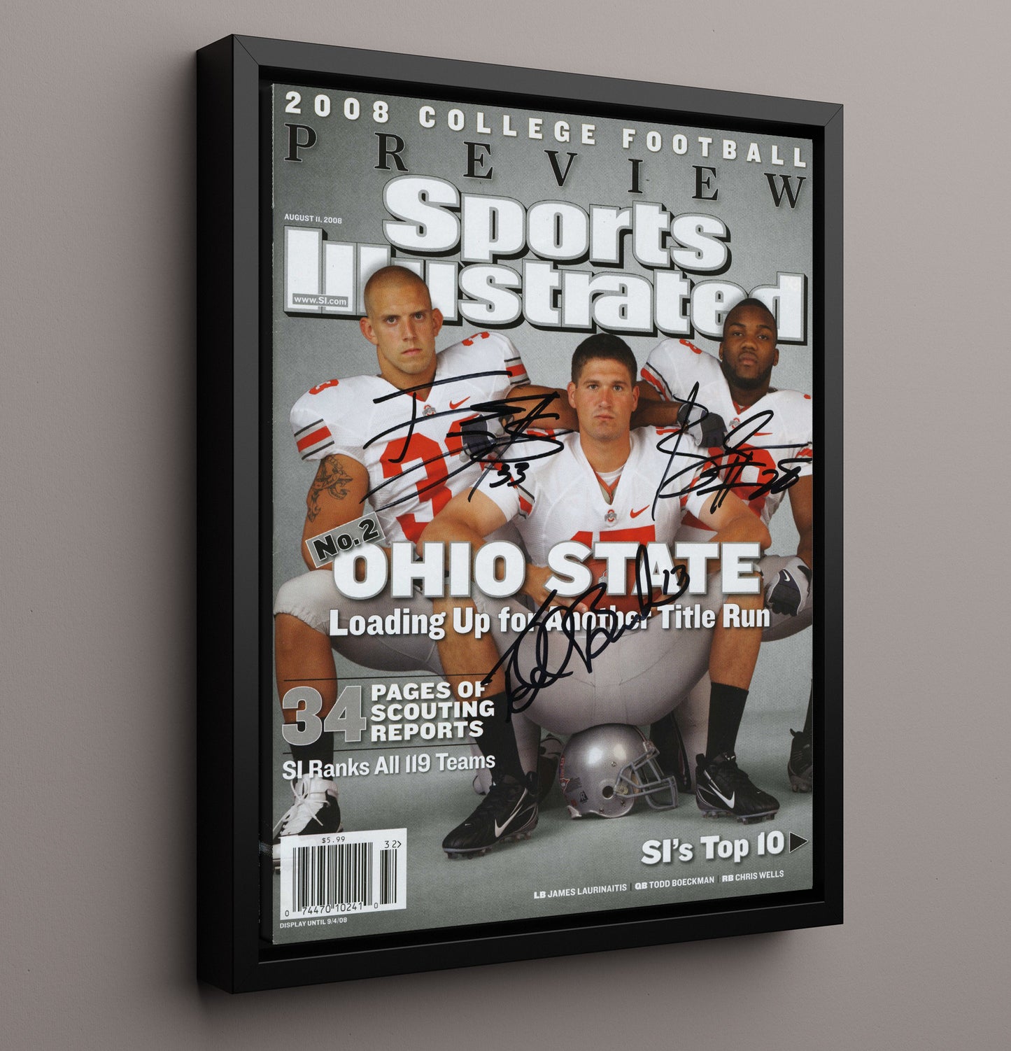 Ohio State Football Laurinaitis Wells Beanie Buckeyes Title Run Reload 2008 SI College 16x20 Framed Canvas wall art print – College Football decor