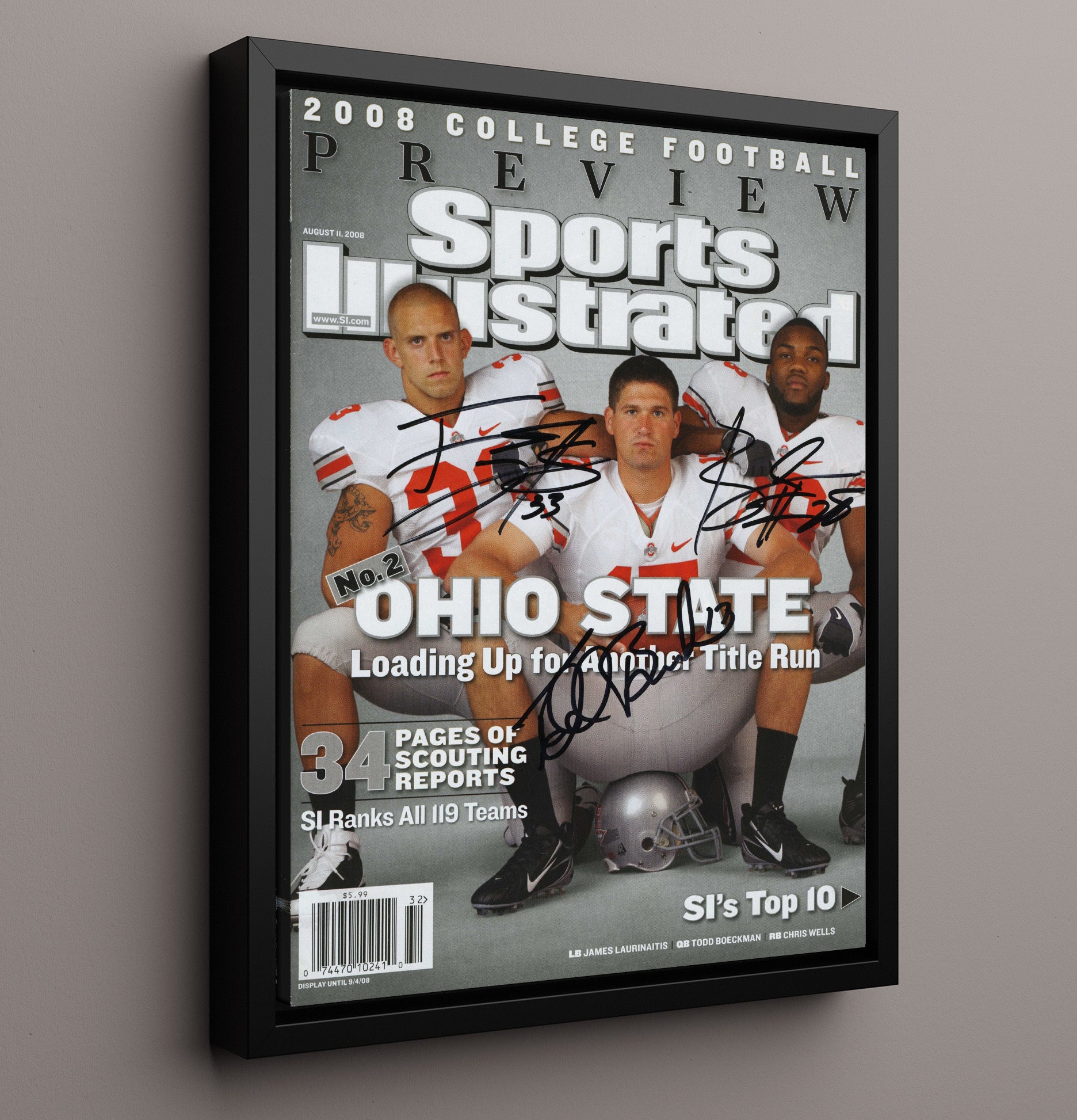 Ohio State Football Laurinaitis Wells Beanie Buckeyes Title Run Reload 2008 SI College 16x20 Framed Canvas wall art print – College Football decor