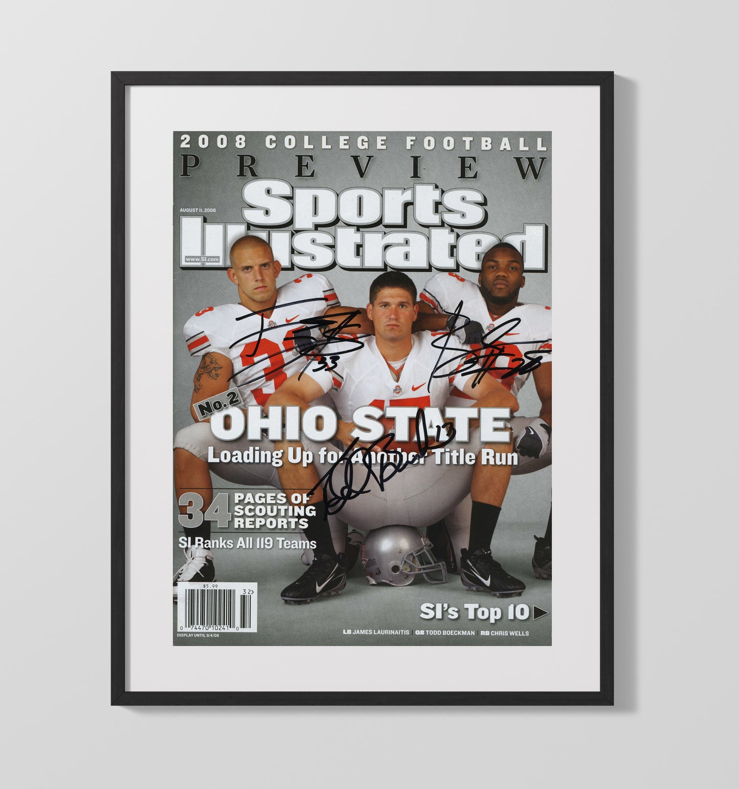 Ohio State Football Laurinaitis Wells Beanie Buckeyes Title Run Reload 2008 SI College 16x20 Gallery Frame wall art print – College Football decor