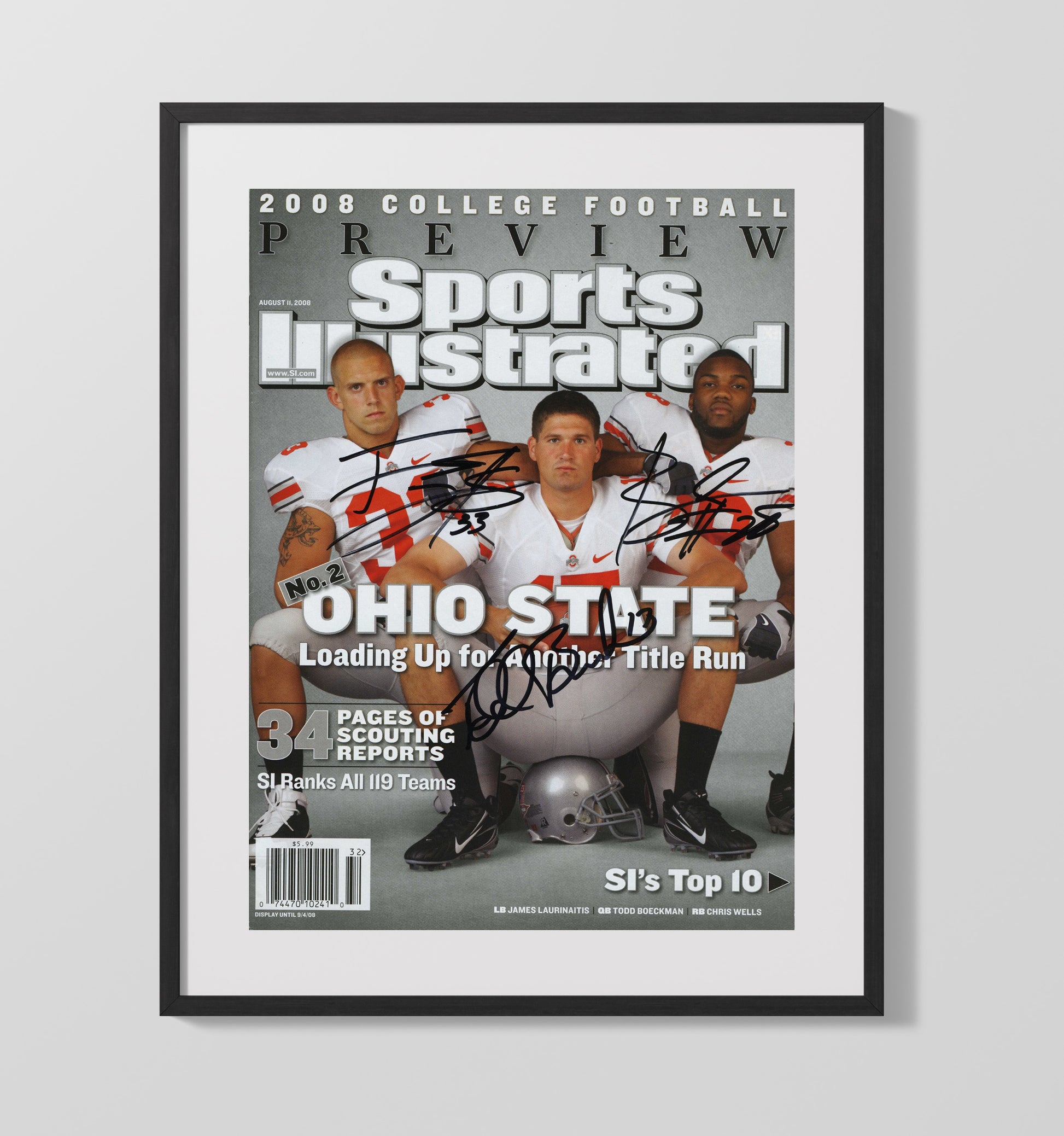Ohio State Football Laurinaitis Wells Beanie Buckeyes Title Run Reload 2008 SI College 16x20 Gallery Frame wall art print – College Football decor