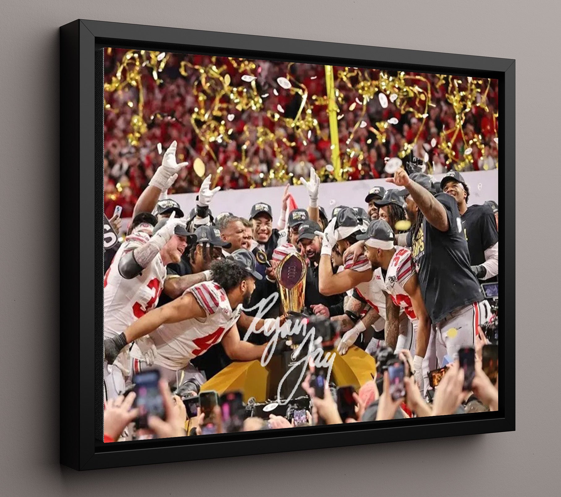Ohio State Football National Championship Celebration Trophy 2015 College Football Wall Art 16x20 Framed Canvas wall art print – College Football decor