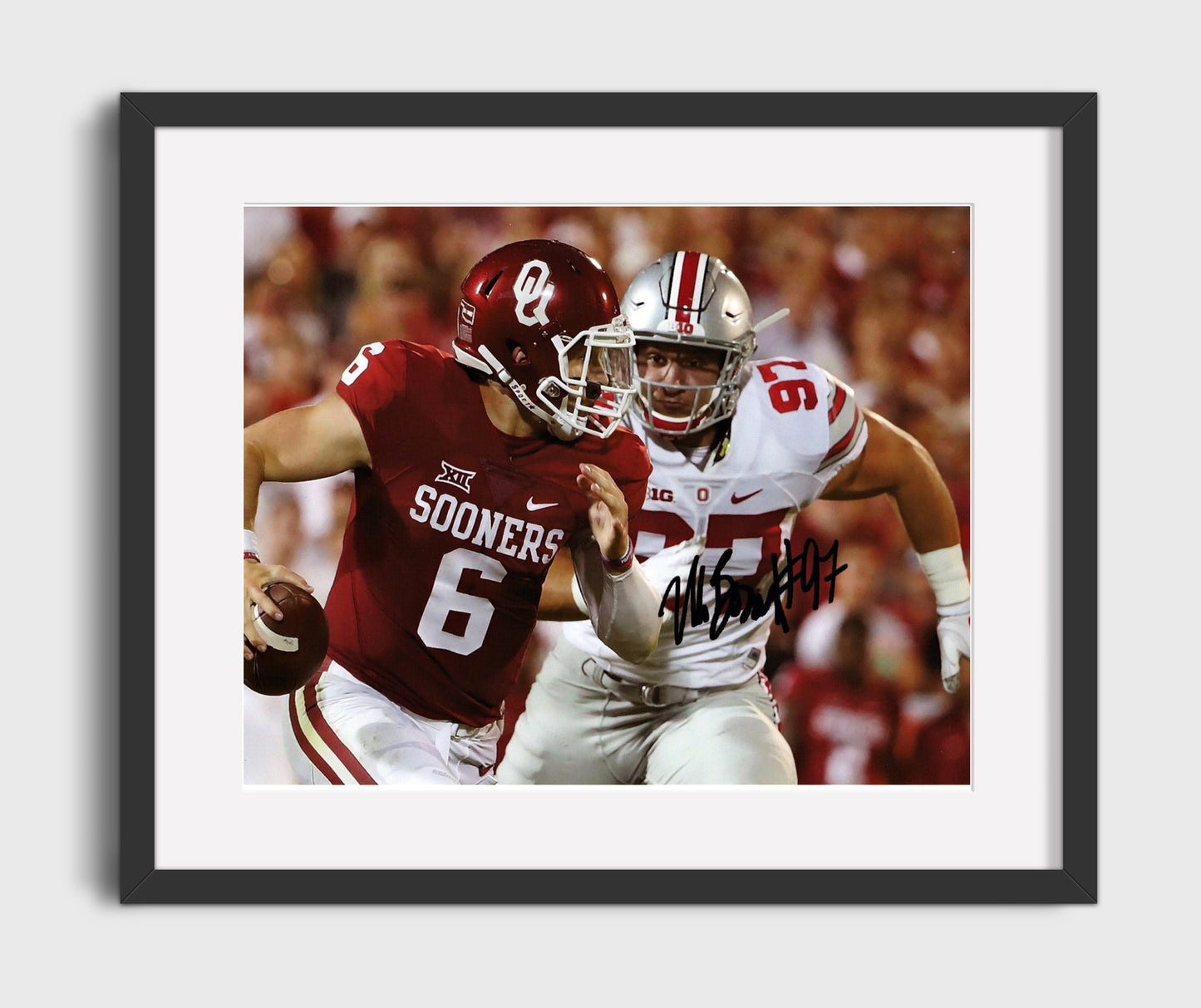 Ohio State Football Nick Bosa Pass Rush Pressure College Football Wall Art 16x20 Gallery Frame wall art print – College Football decor