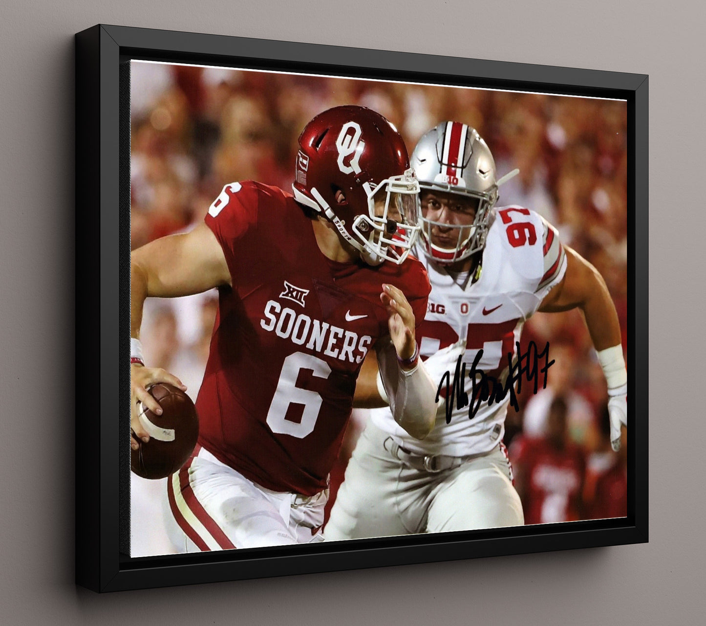 Ohio State Football Nick Bosa Pass Rush Pressure College Football Wall Art 16x20 Framed Canvas wall art print – College Football decor