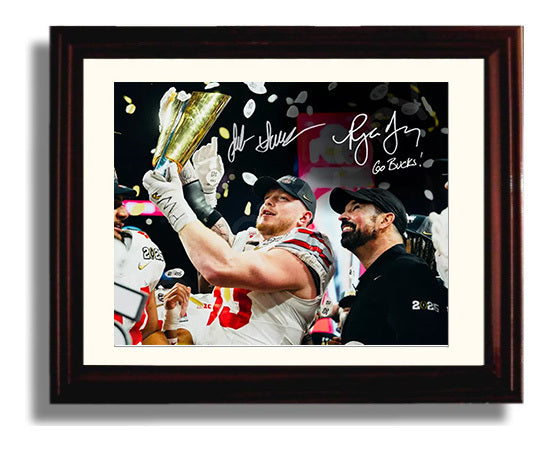 Ohio State Football Ryan Day and Jack Sawyer Trophy Lift Celebration College Football Wall Art 8x10 Beveled Frame wall art print – College Football decor