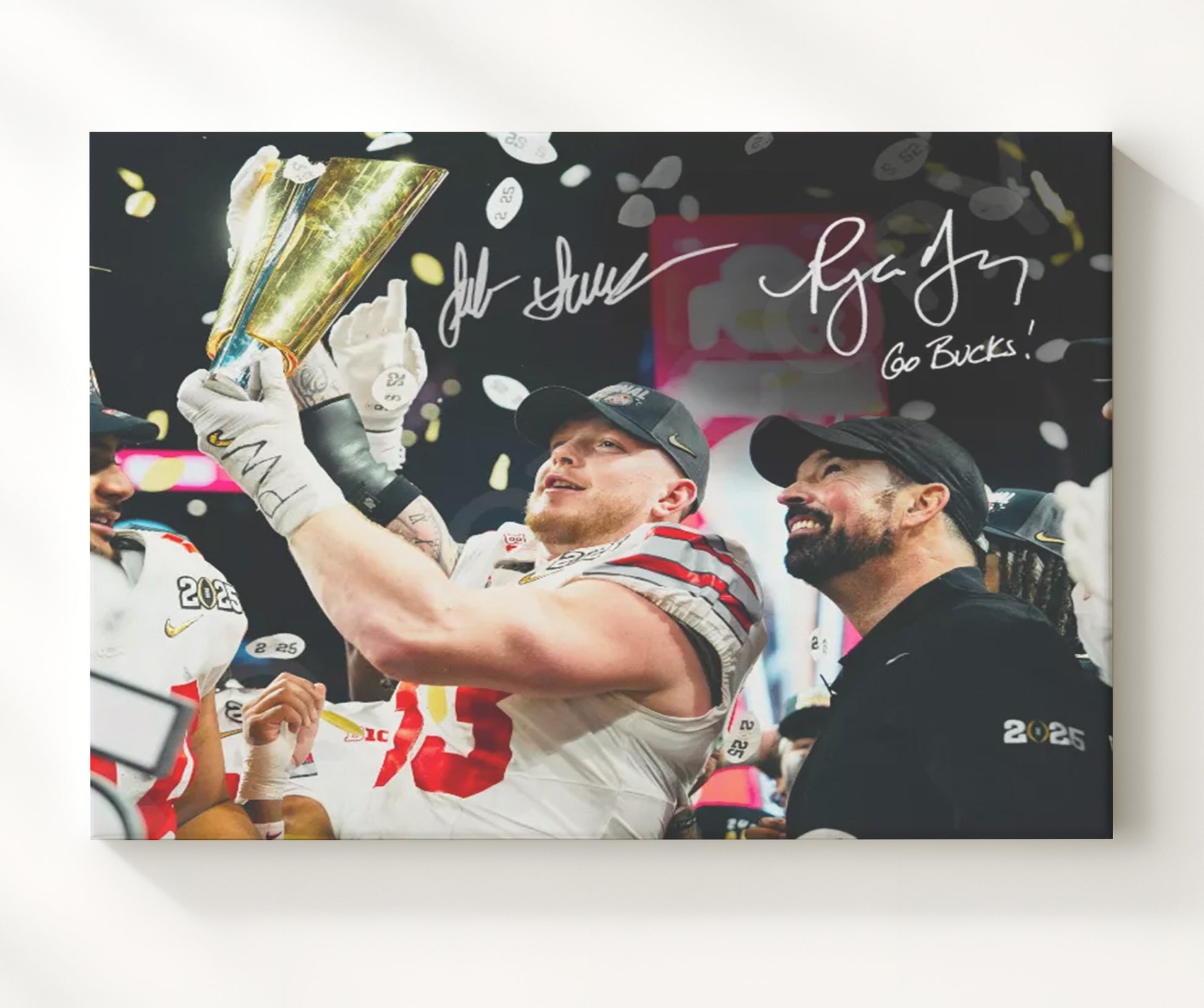 Ohio State Football - Ryan Day and Jack Sawyer Trophy Lift Celebration 8x10 Canvas college football wall art
