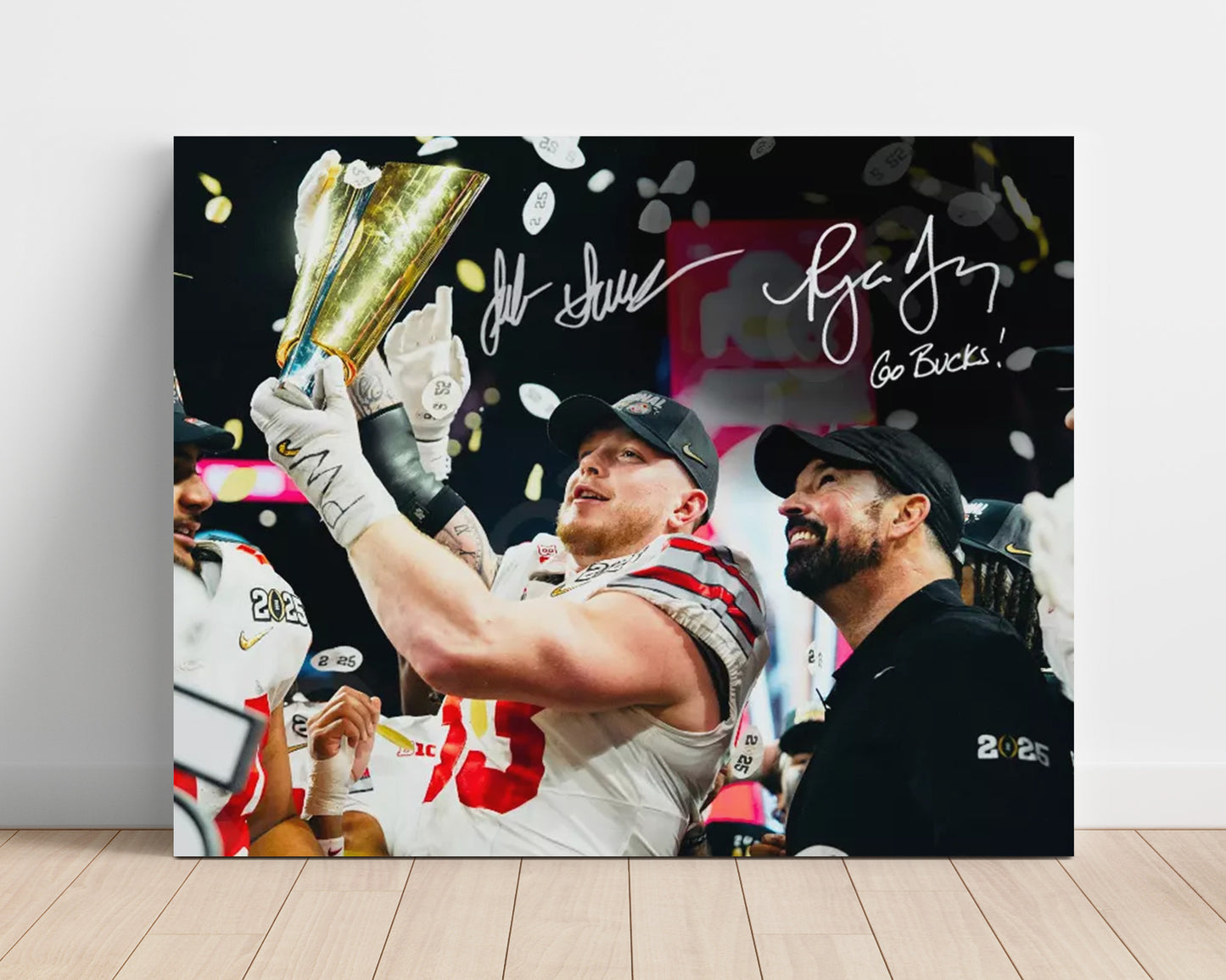 Ohio State Football Ryan Day and Jack Sawyer Trophy Lift Celebration College Football Wall Art 16x20 Unframed Print wall art print – College Football decor
