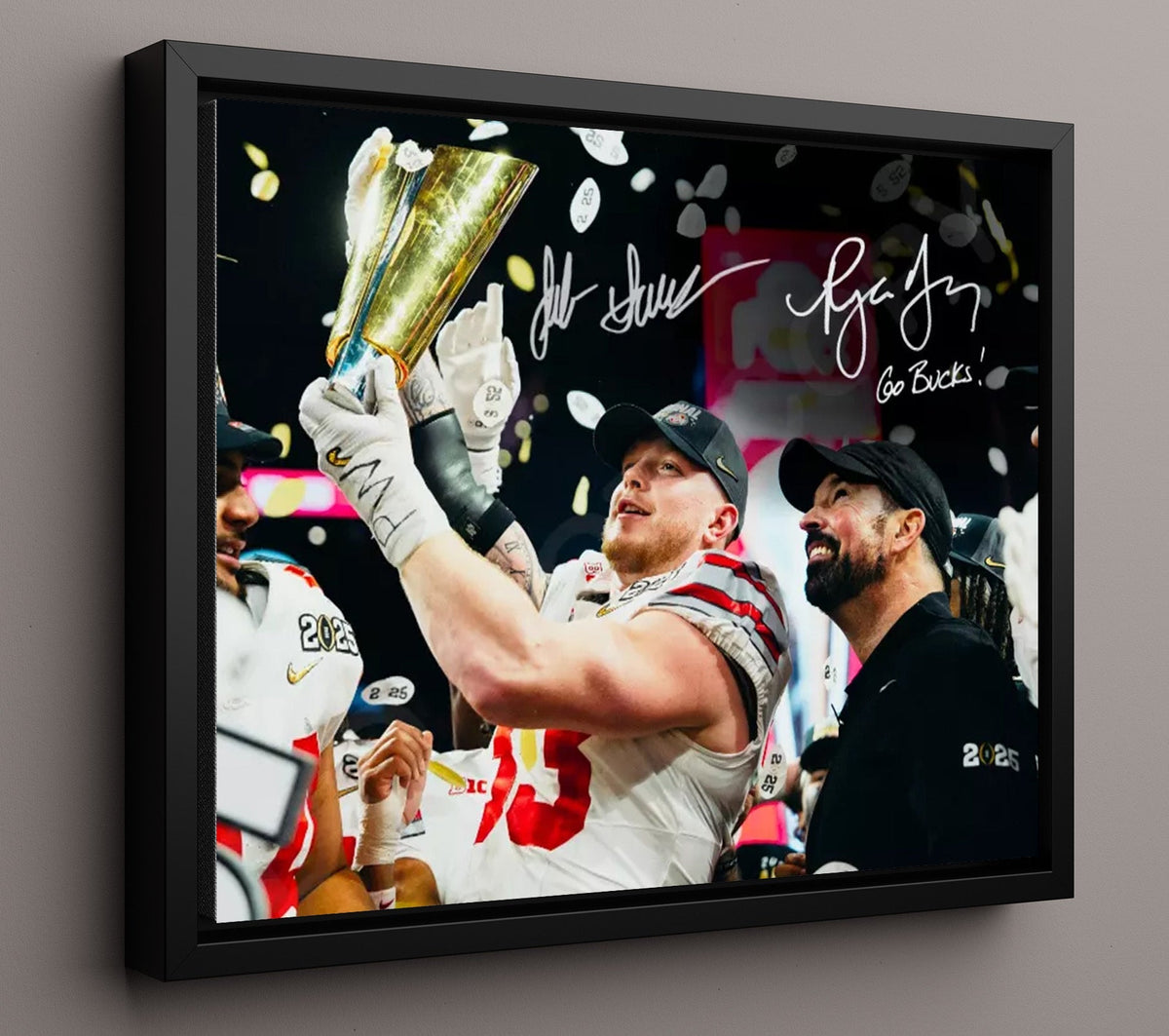 Ohio State Football - Ryan Day and Jack Sawyer Trophy Lift Celebration 8x10 Framed Canvas college football wall art