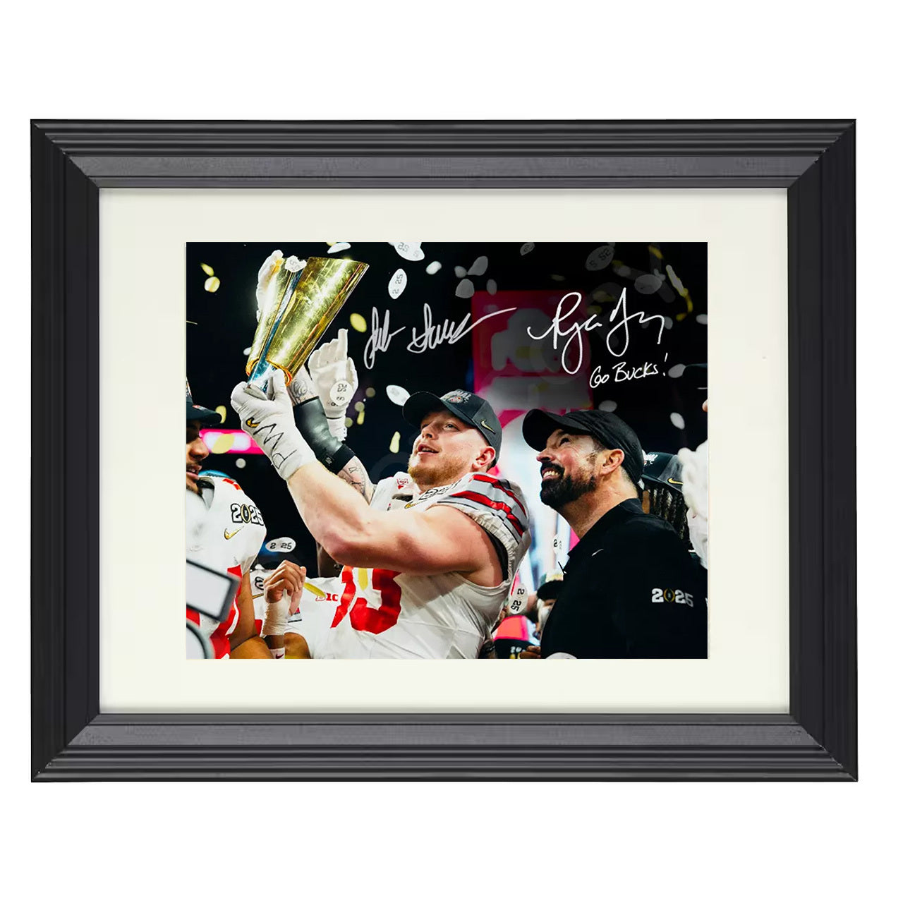 Ohio State Ryan Day and Jack Sawyer Trophy Lift Celebration 8x10 black beveled frame college football wall art