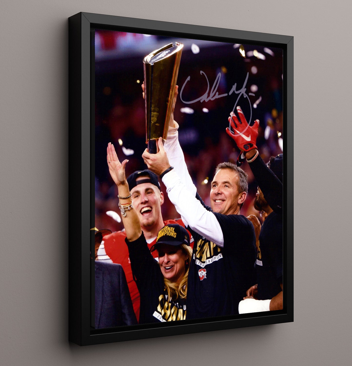 Ohio State Football Urban Meyer National Championship Trophy Celebration College Football Wall 16x20 Framed Canvas wall art print – College Football decor