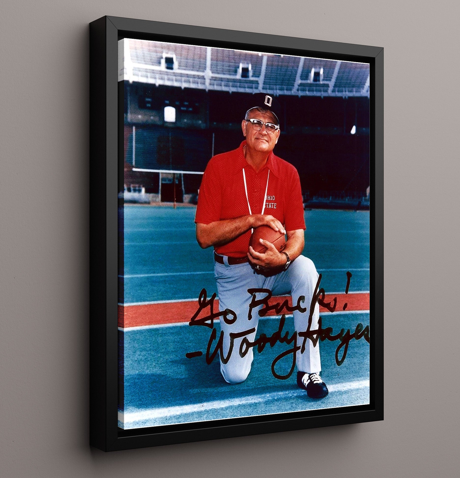 Ohio State Football Woody Hayes Sideline Legacy College Football Wall Art 16x20 Framed Canvas wall art print – College Football decor