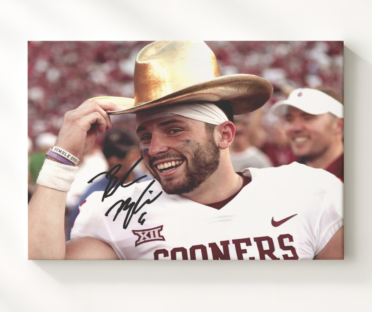 Oklahoma Football Baker MayfieldPostgame Cowboy Hat College Football Wall Art 20x24 Canvas wall art print – College Football decor