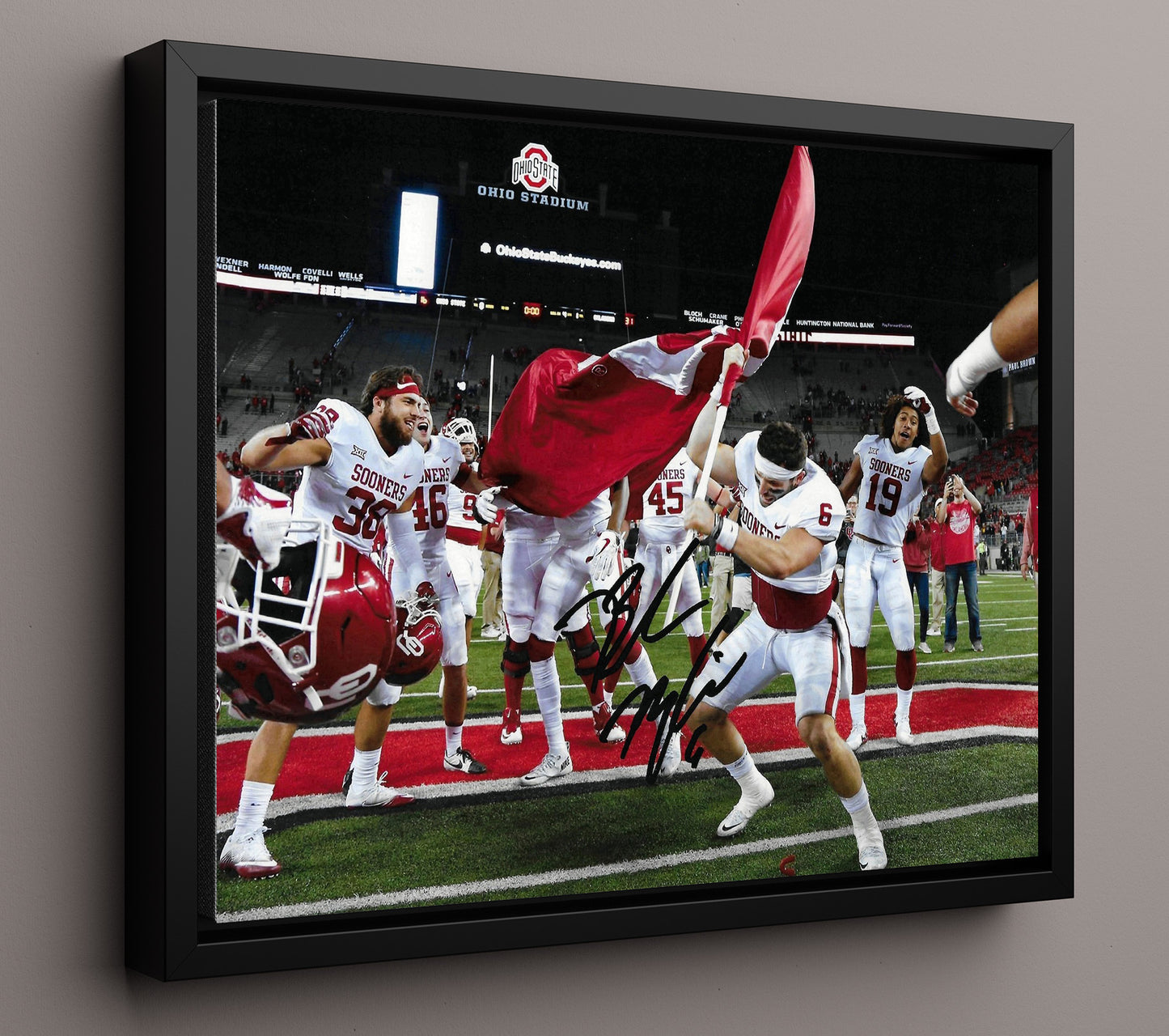 Oklahoma Football Baker Mayfield Midfield Flag Plant Celebration College Football Wall Art 16x20 Framed Canvas wall art print – College Football decor