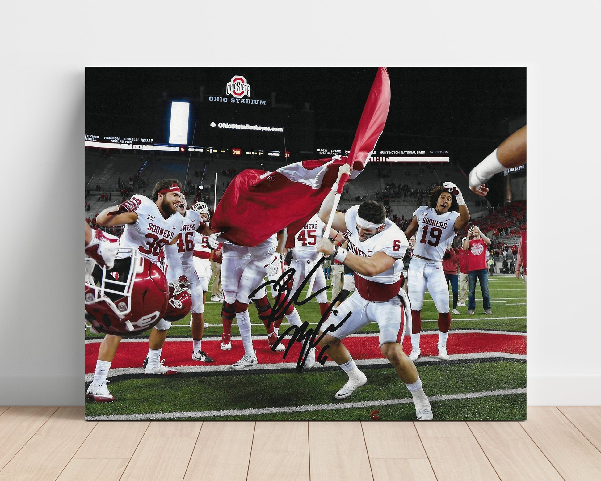 Oklahoma Football Baker Mayfield Midfield Flag Plant Celebration College Football Wall Art 16x20 Unframed Print wall art print – College Football decor