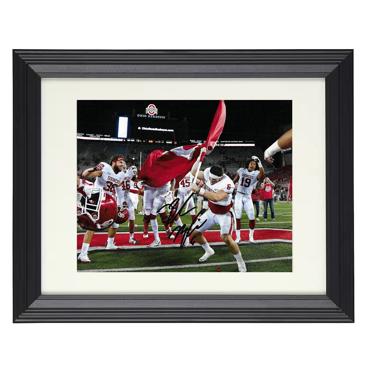 Oklahoma Baker Mayfield Midfield Flag Plant Celebration 8x10 black beveled frame college football wall art