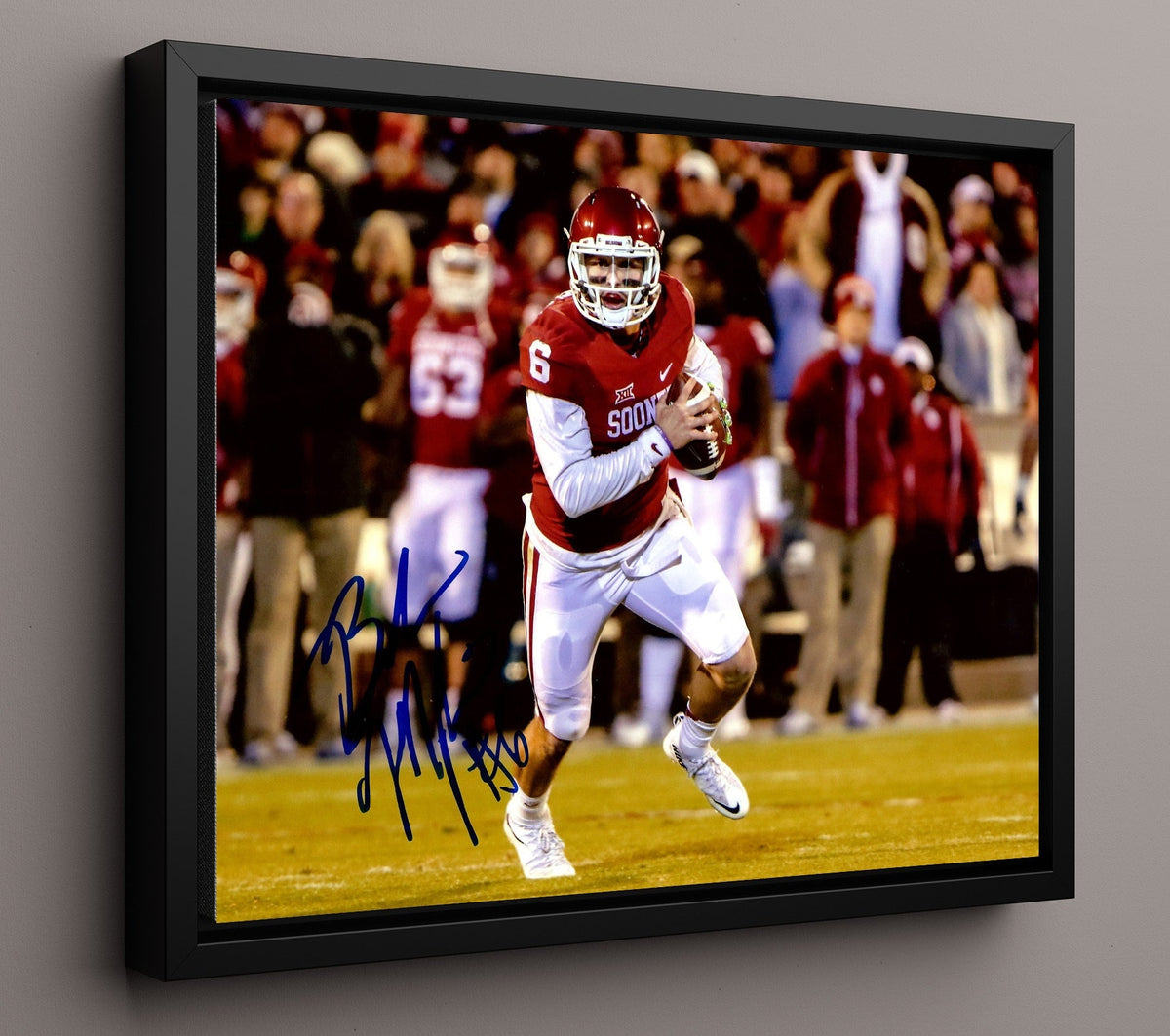 Oklahoma Football - Baker Mayfield Sideline Emotion Crowd Hype 8x10 Framed Canvas college football wall art