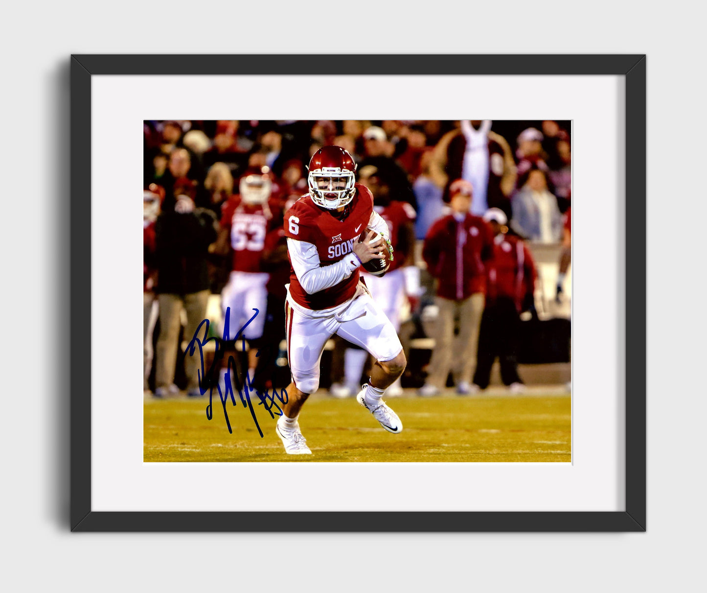 Oklahoma Football Baker Mayfield Sideline Emotion Crowd Hype College Football Wall Art 16x20 Gallery Frame wall art print – College Football decor