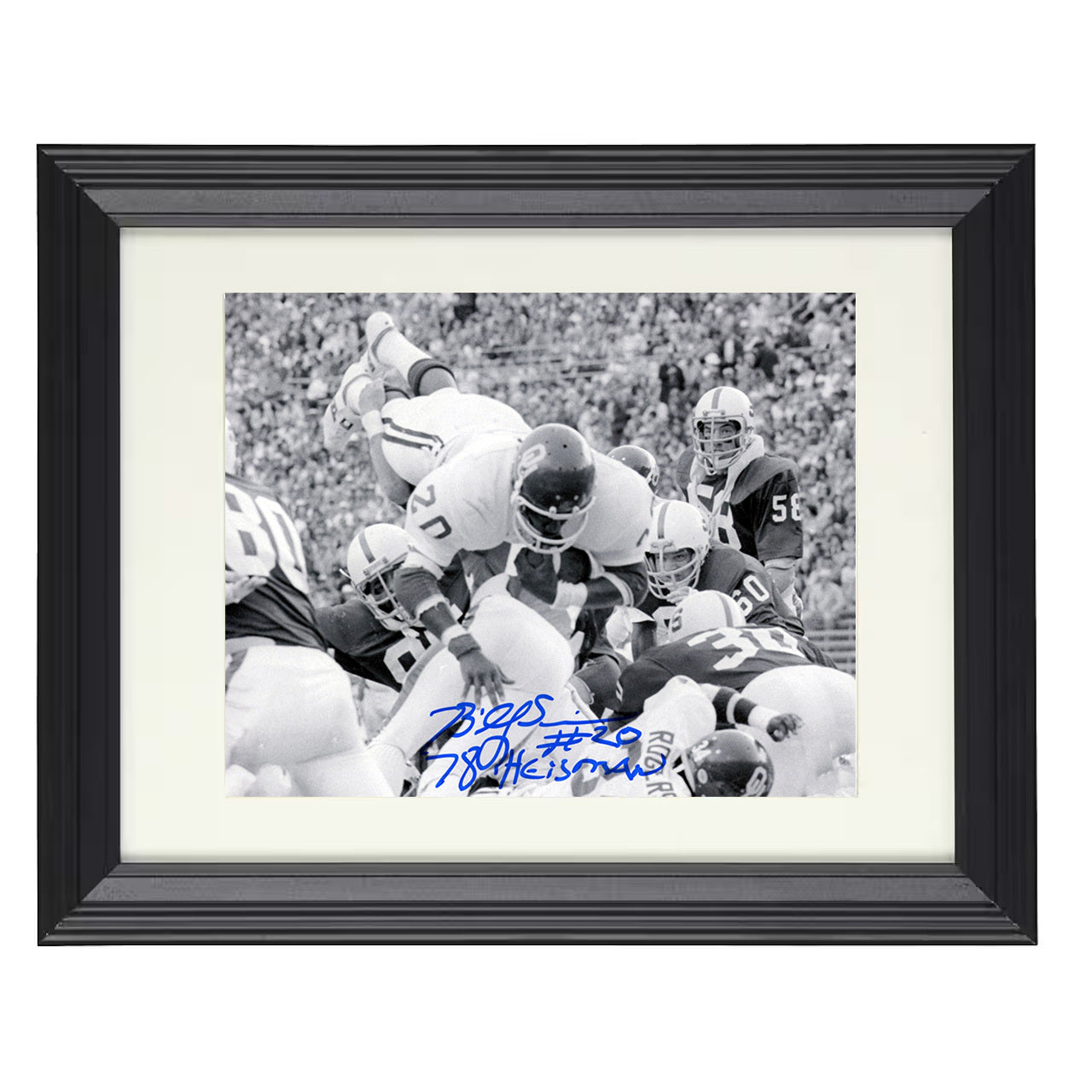 Oklahoma Football Billy Sims Goal Line Dive Over Defender 8x10 black beveled frame college football wall art