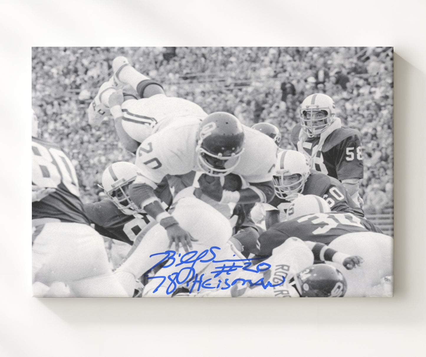 Oklahoma Football Billy Sims Goal Line Dive Over Defender College Football Wall Art 20x24 Canvas wall art print – College Football decor