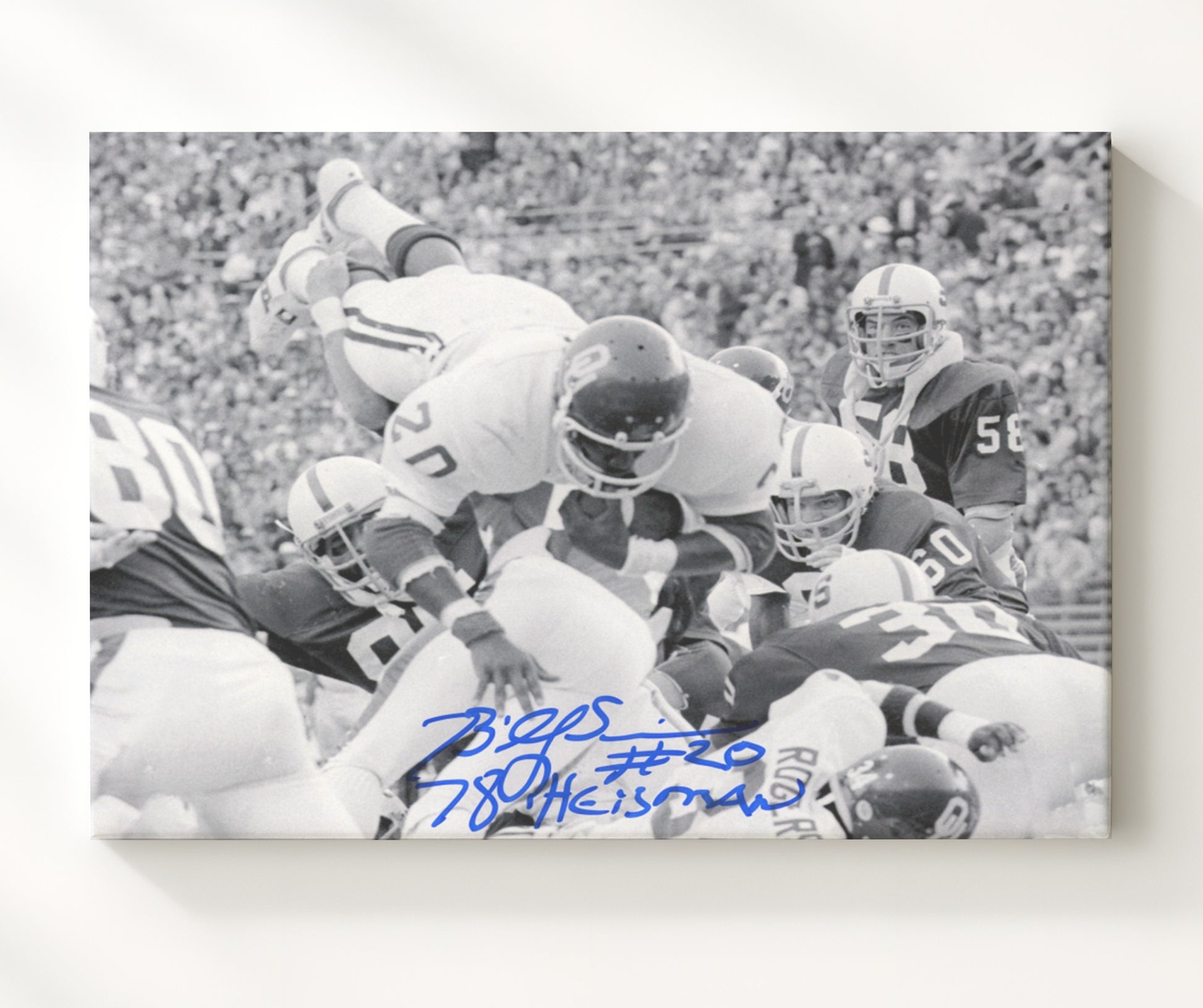 Oklahoma Football Billy Sims Goal Line Dive Over Defender College Football Wall Art 20x24 Canvas wall art print – College Football decor