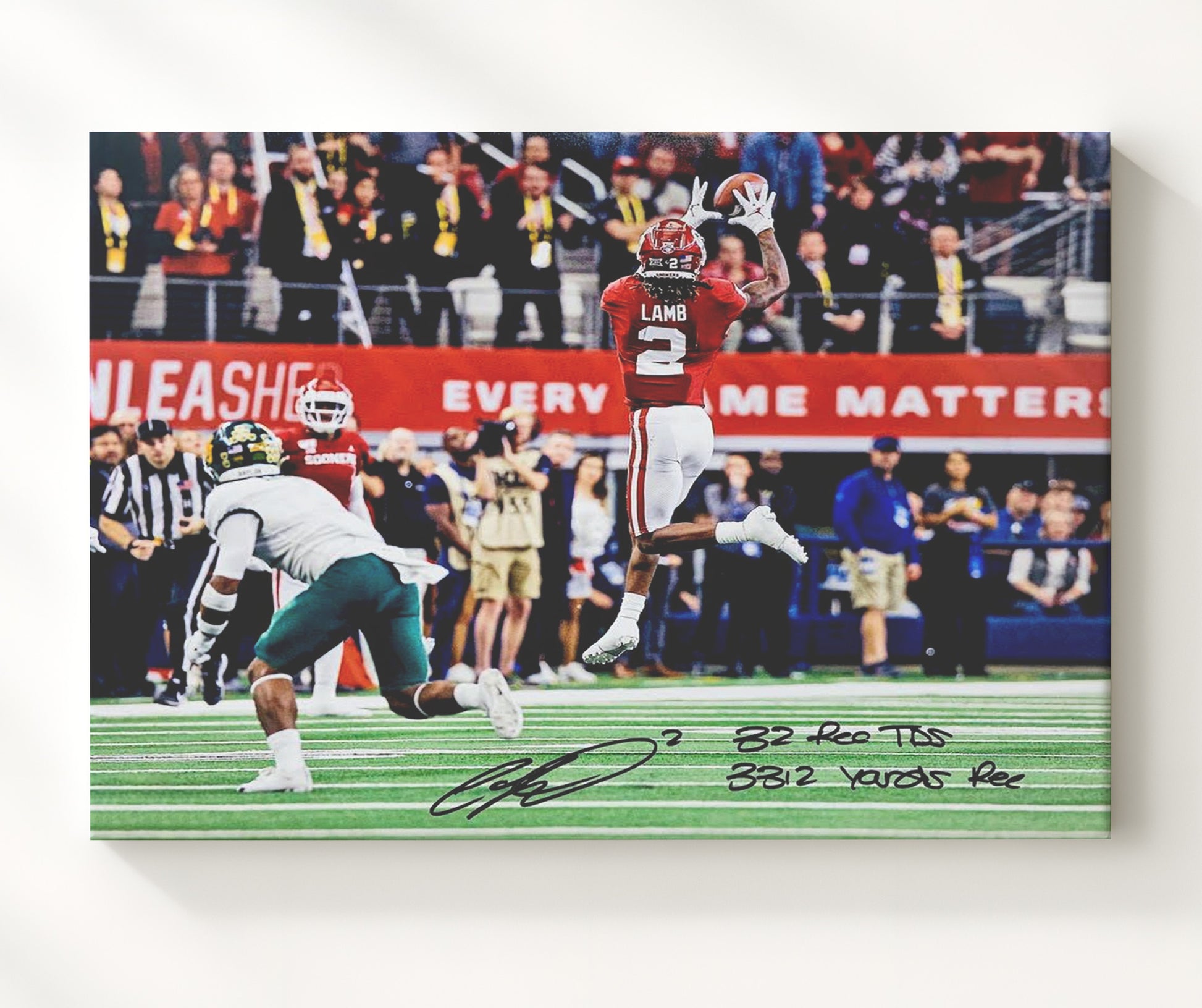 Oklahoma Football CeeDee LambMidair Catch College Football Wall Art 20x24 Canvas wall art print – College Football decor