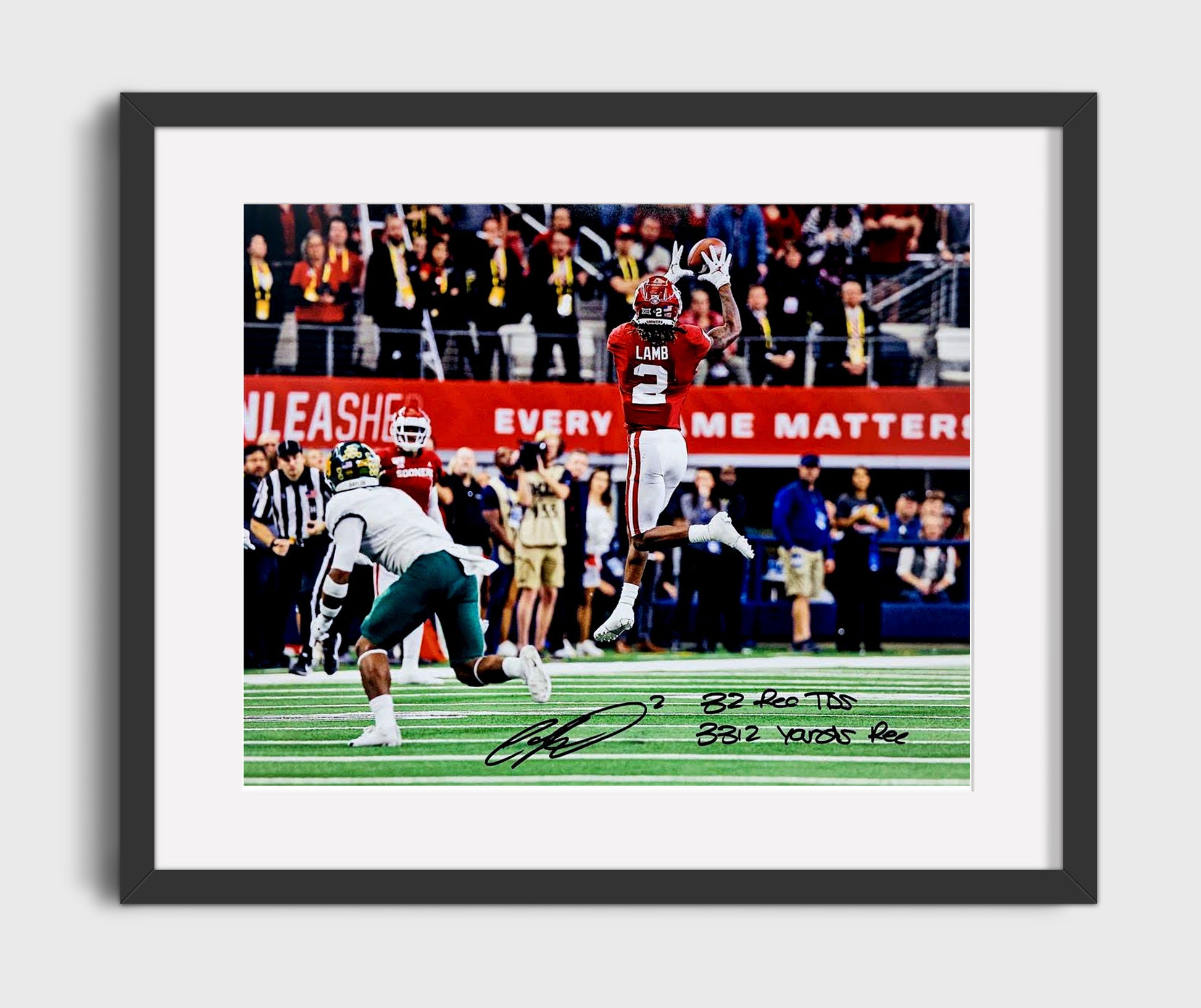 Oklahoma Football CeeDee LambMidair Catch College Football Wall Art 16x20 Gallery Frame wall art print – College Football decor