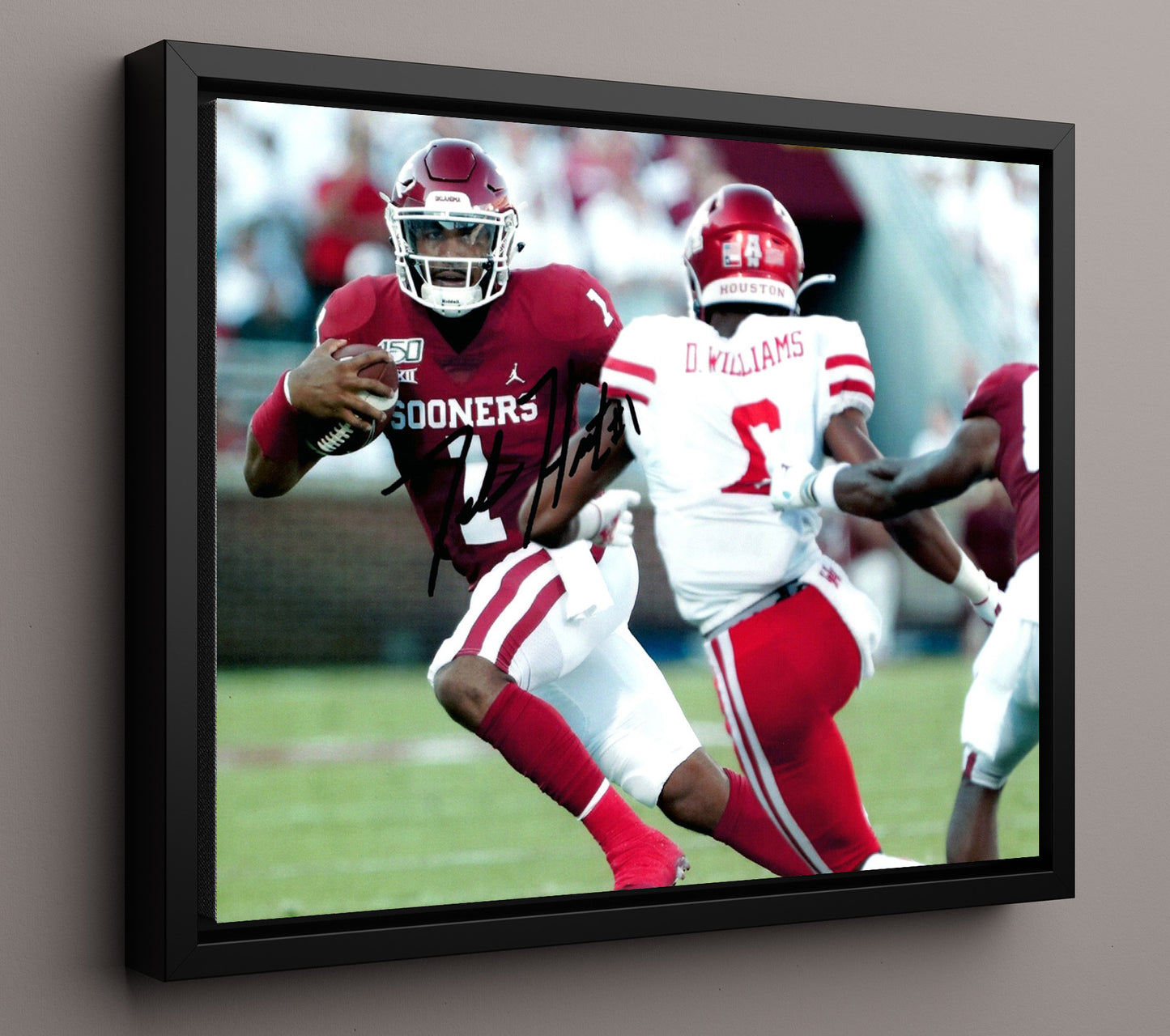 Oklahoma Football Jalen HurtsQB Run Through Line College Football Wall Art 16x20 Framed Canvas wall art print – College Football decor