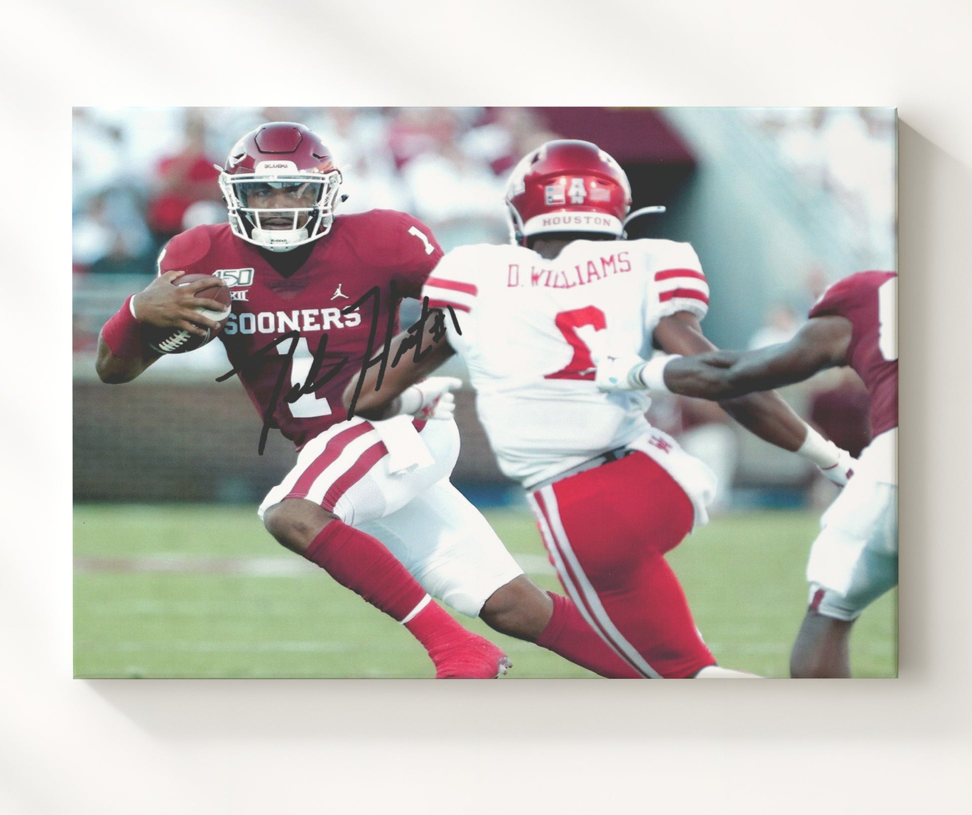Oklahoma Football Jalen HurtsQB Run Through Line College Football Wall Art 20x24 Canvas wall art print – College Football decor