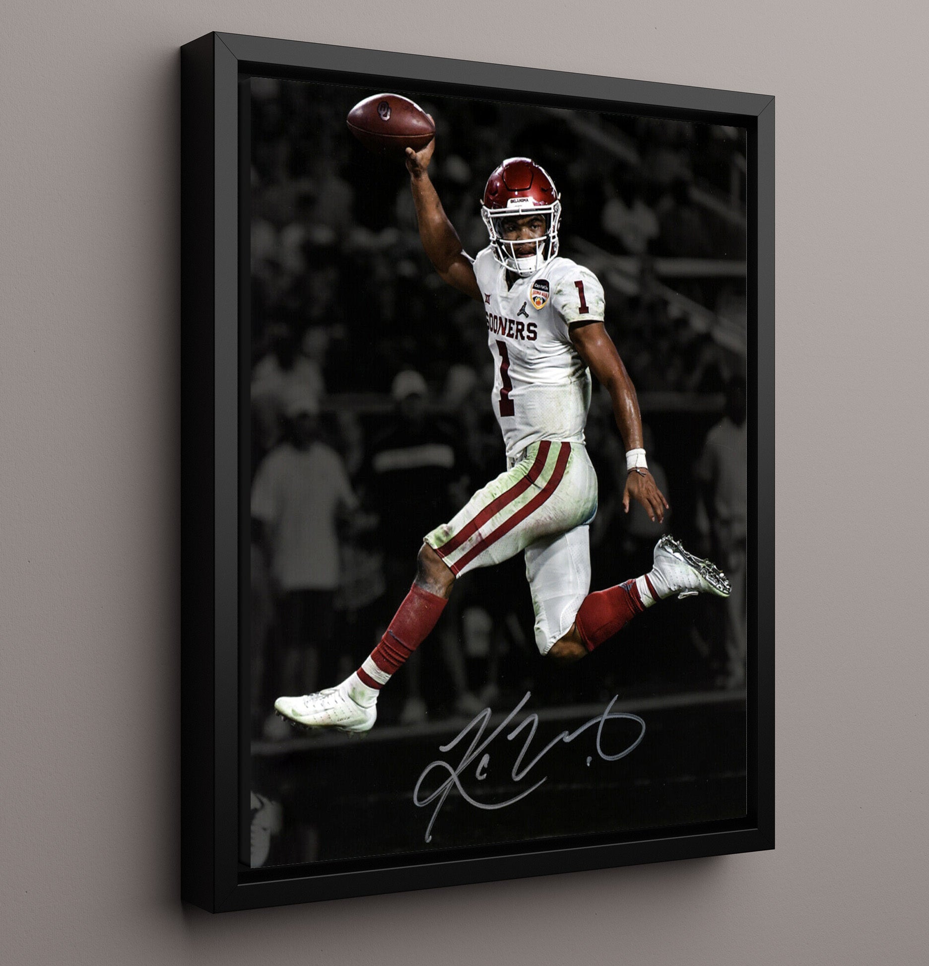 Oklahoma Football Kyler Murray Open Field Burst College Football Wall Art 16x20 Framed Canvas wall art print – College Football decor