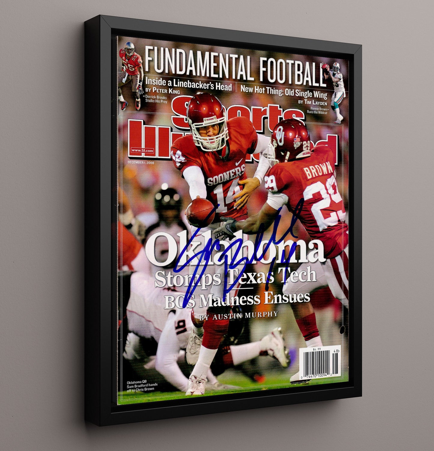 Oklahoma Football Sam Bradford Sooners Offensive Command vs Texas Tech Clash 2008 SI College 16x20 Framed Canvas wall art print – College Football decor