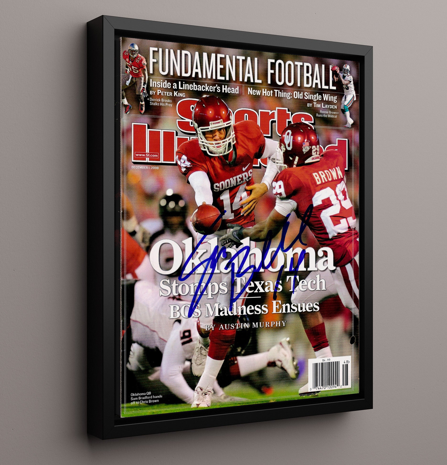 Oklahoma Football Sam Bradford Sooners Offensive Command vs Texas Tech Clash 2008 SI College 16x20 Framed Canvas wall art print – College Football decor